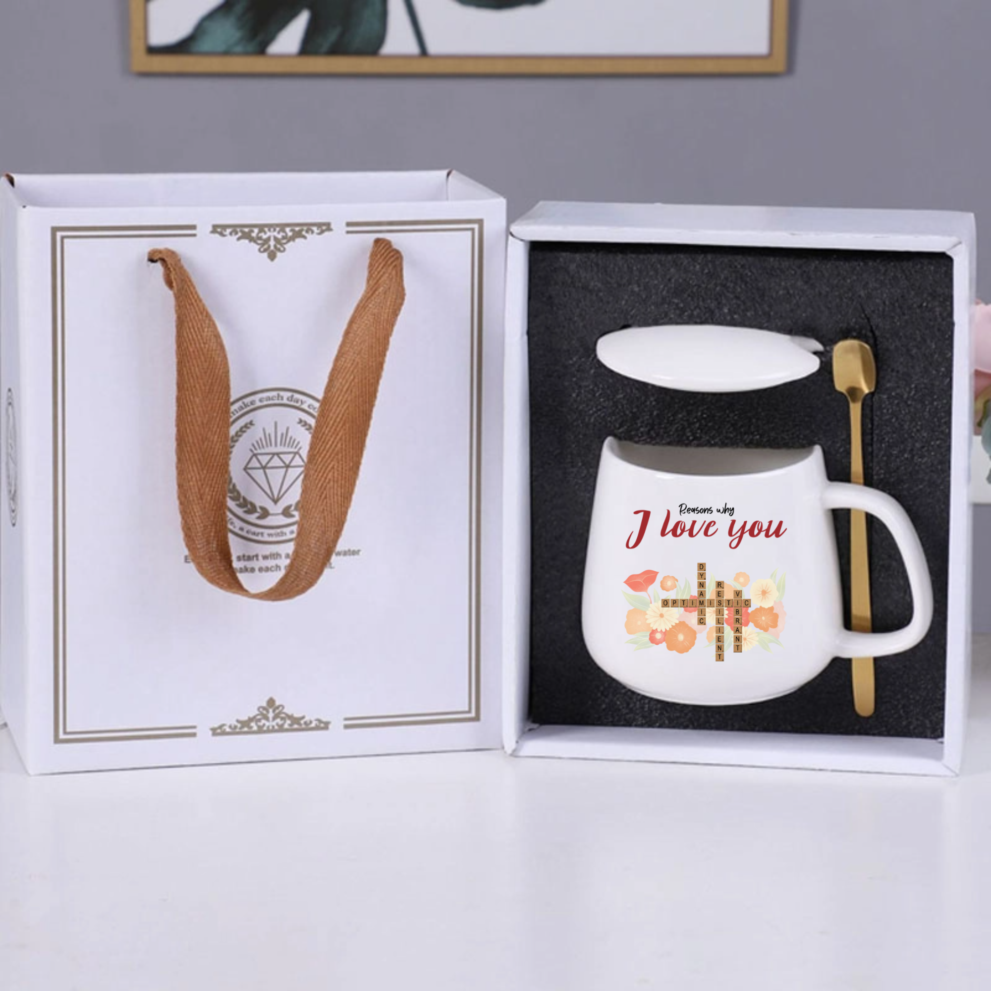 Reasons Why I Love You Personalized Crossword Mug Gift Set, Unique Romantic Gift for Couples, Anniversaries, Valentine‘s Day, Wedding Favors