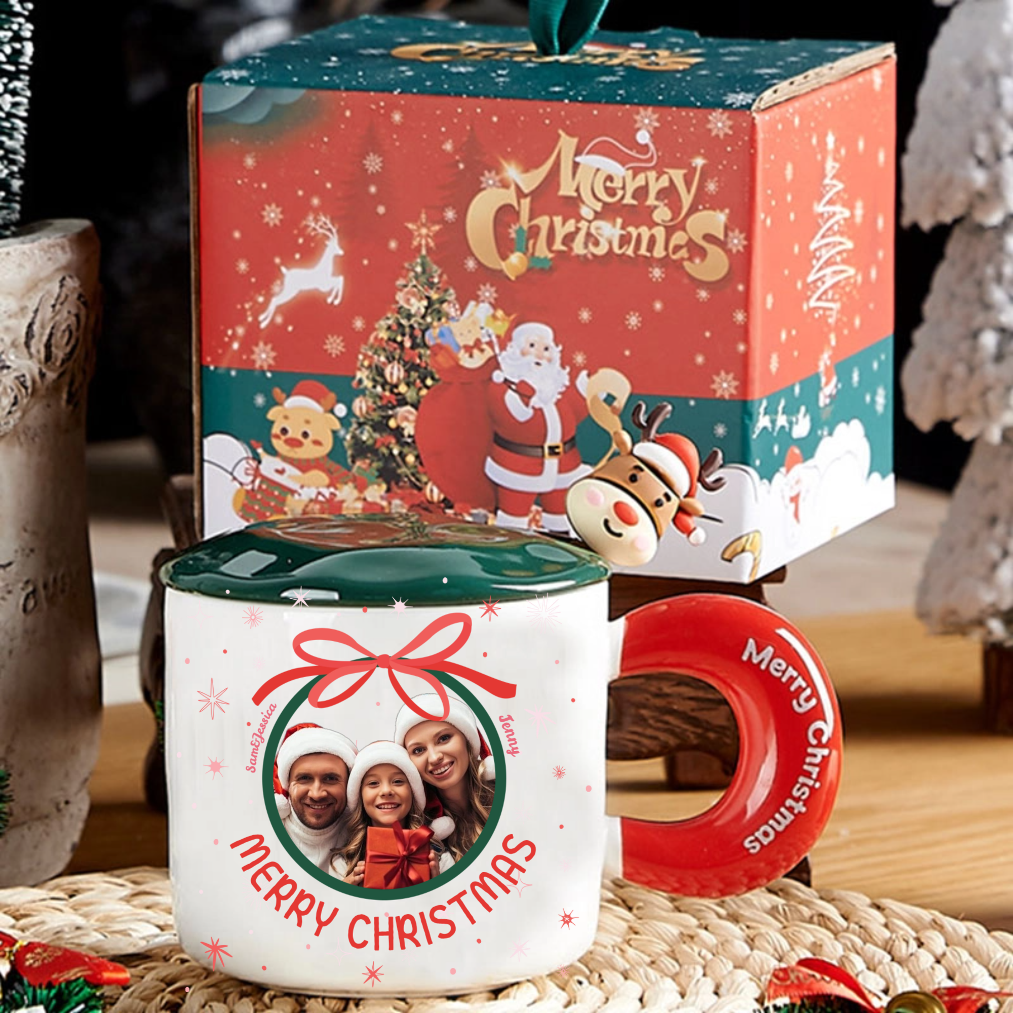 Personalized Christmas Bow Photo Mug Gift Set, Festive Gift for Family, Christmas Celebration and Holiday Gathering