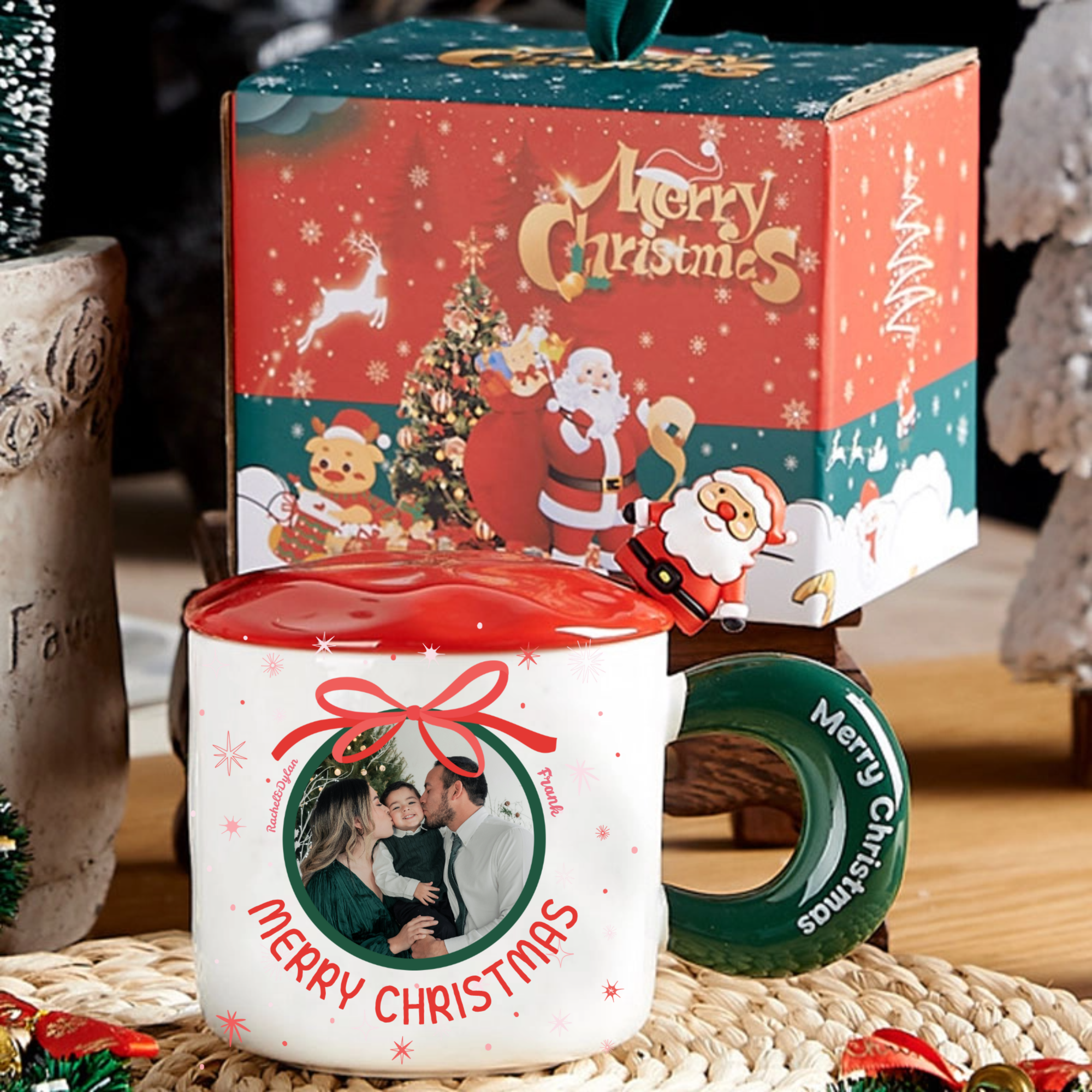 Personalized Christmas Bow Photo Mug Gift Set, Festive Gift for Family, Christmas Celebration and Holiday Gathering