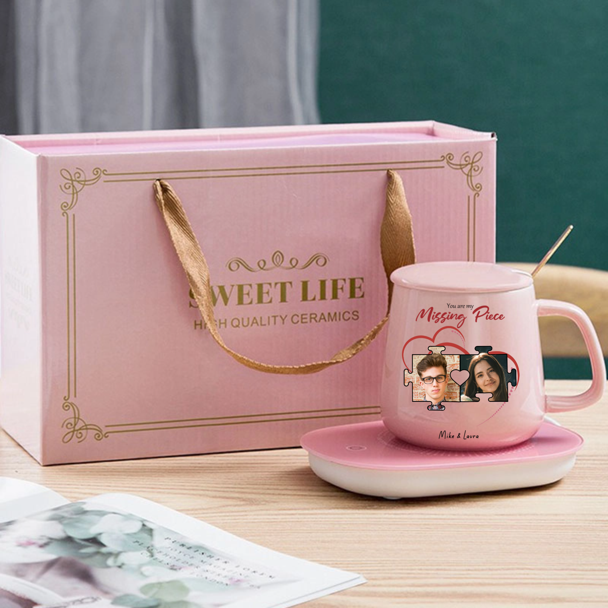 Personalized You Are My Missing Piece Thermostatic Mug Set, Romantic Gift for Couples, Anniversary and Valentine's Day