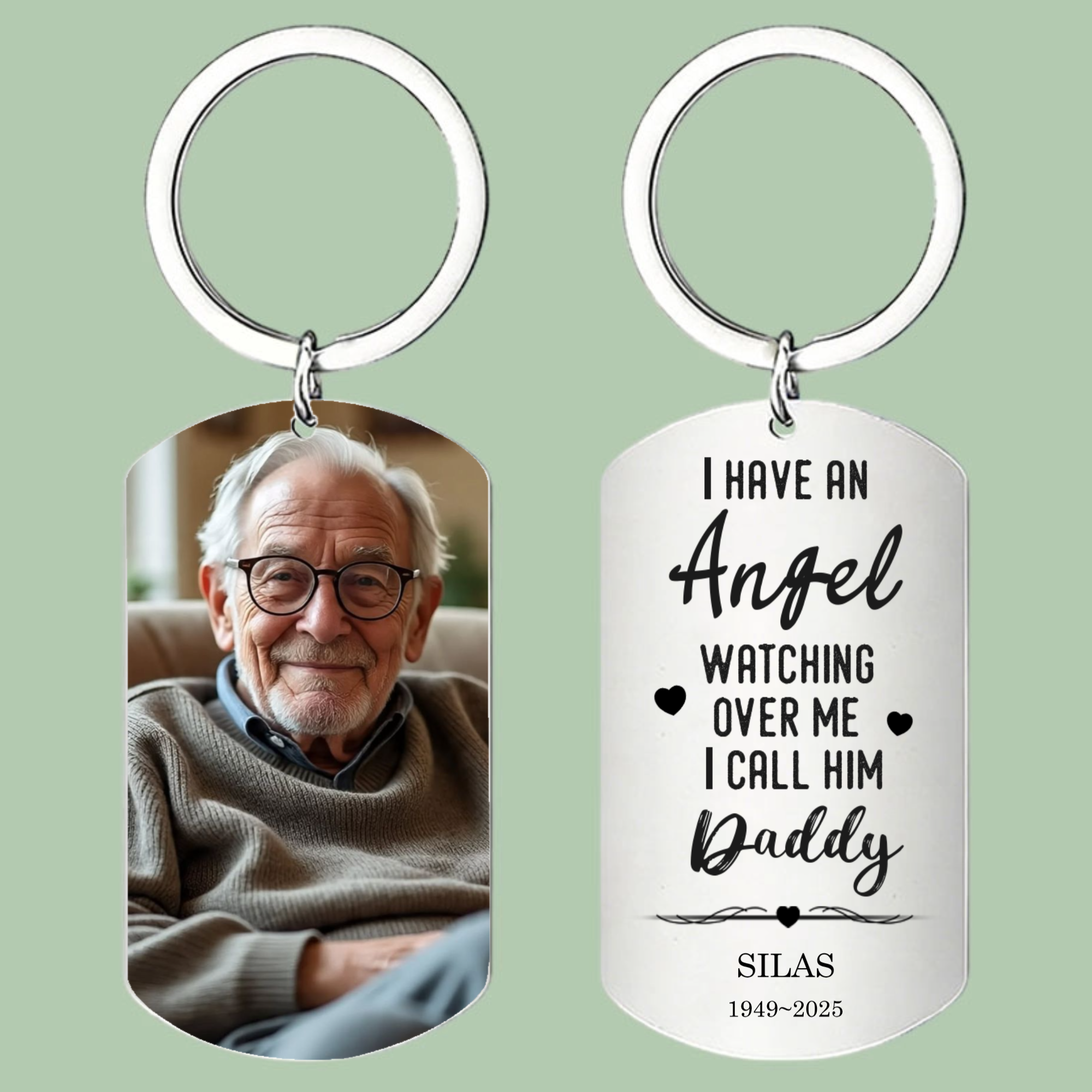 Personalized Stainless Steel Military Tag Keychain With Customized Photo And Text "Your Love Will Live On In My Heart"—A Commemorative Gift, A Keepsake For Family.