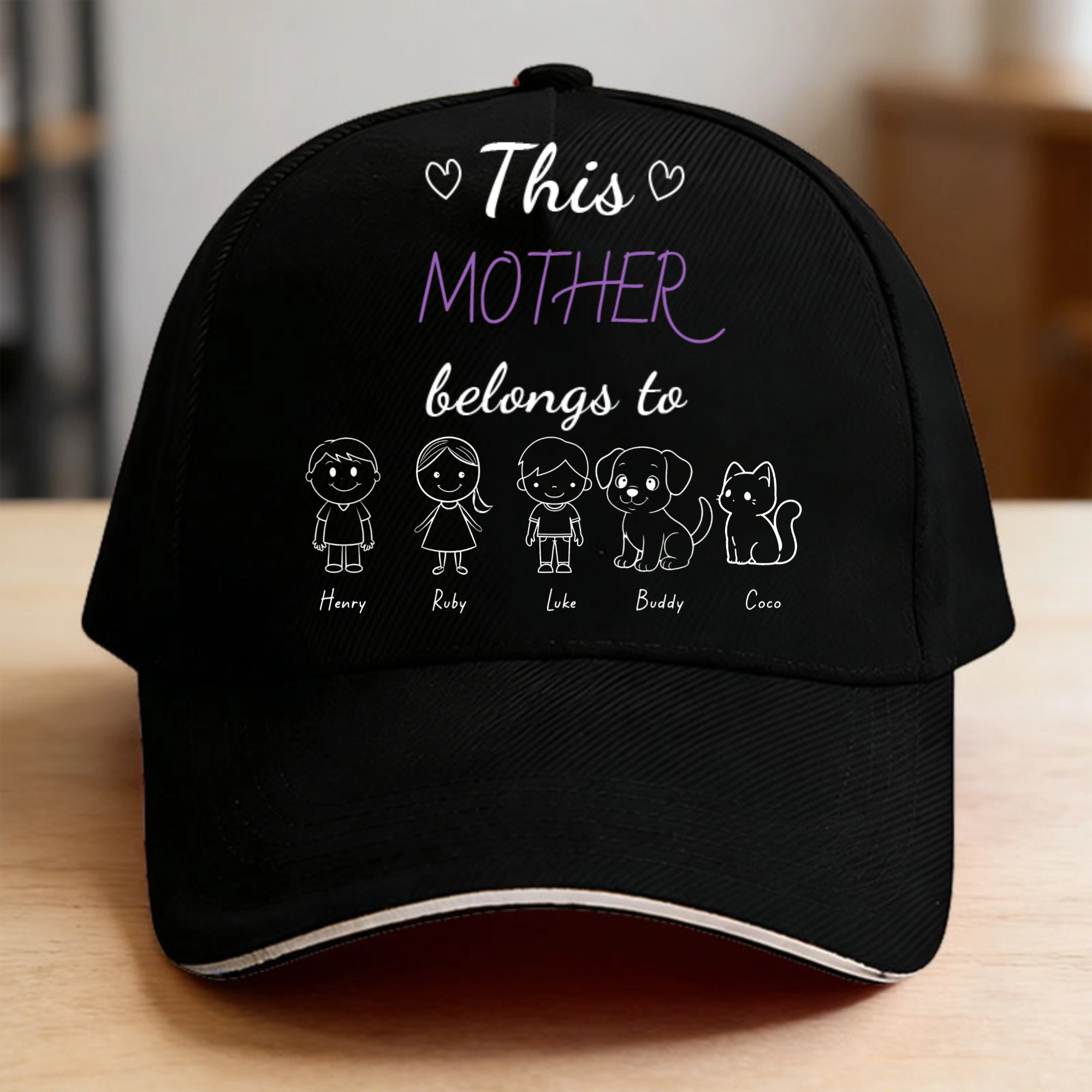 Line drawing Personalized Cap, Gift for Moms, Grandmothers, Perfect for Mother's Day, Family Reunion, Casual Wear