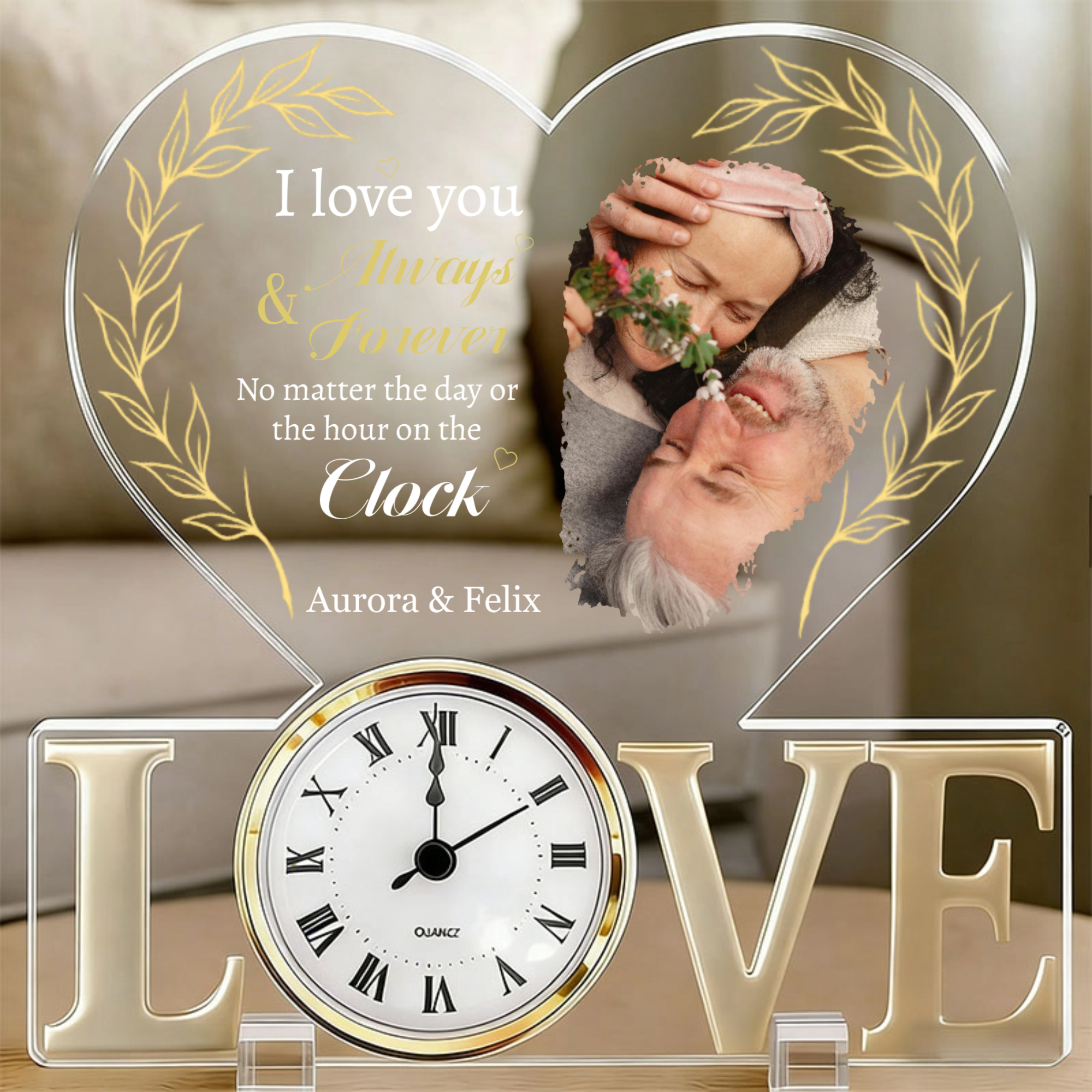 Personalized Acrylic Photo Table Decor with Quartz Clock, Couple Gift, Perfect for Wedding, Anniversary, Romantic Home Decor
