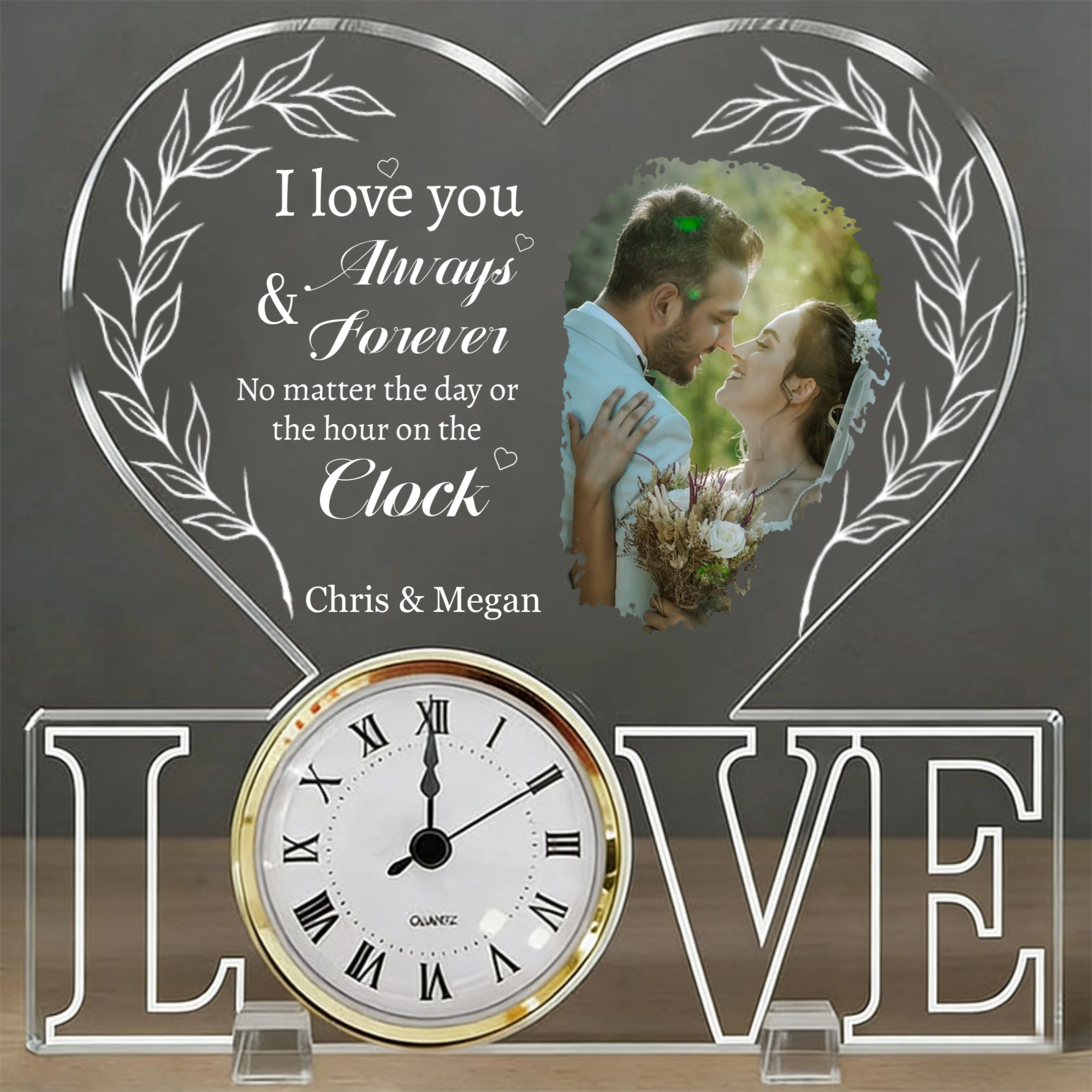 Personalized Acrylic Photo Table Decor with Quartz Clock, Couple Gift, Perfect for Wedding, Anniversary, Romantic Home Decor
