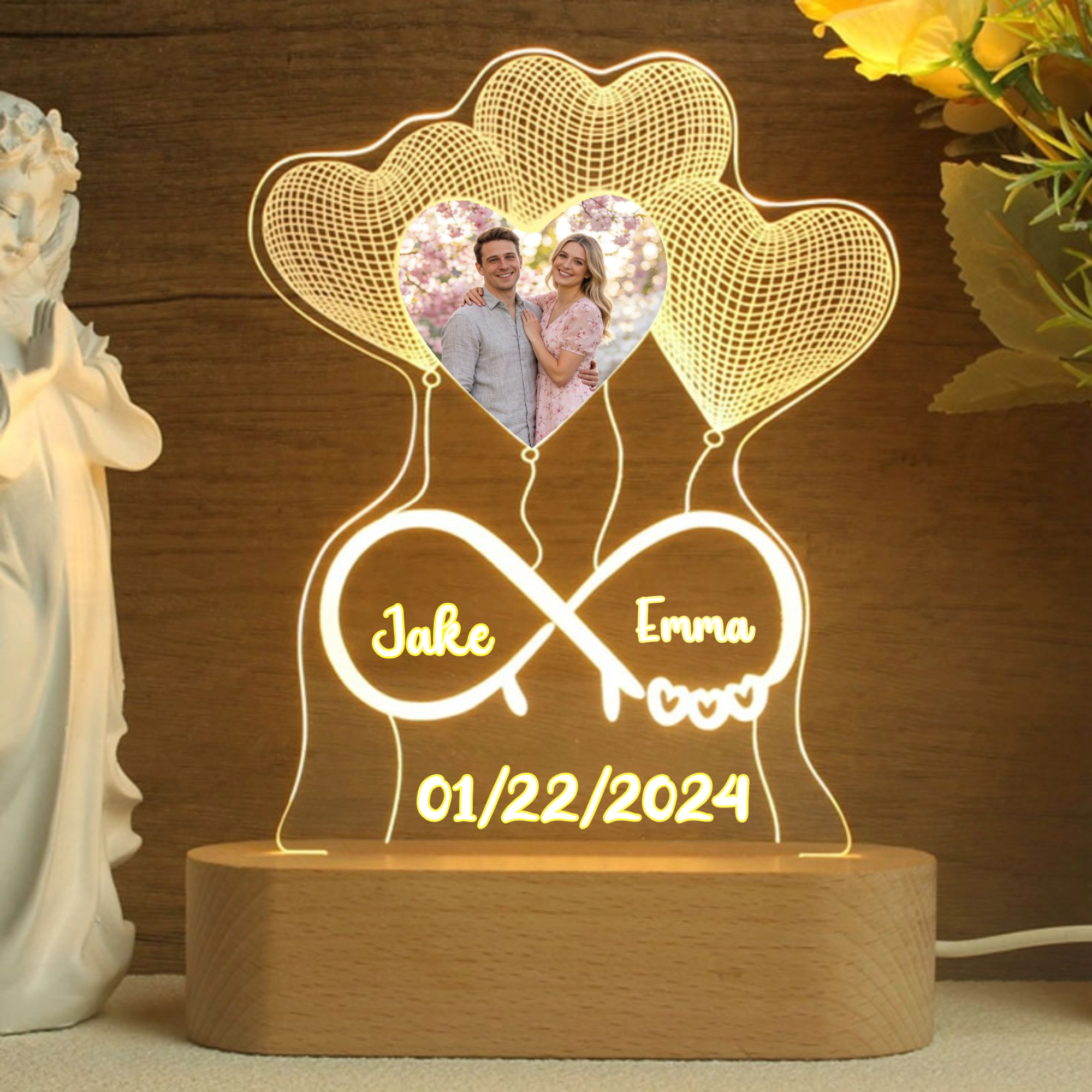 Personalized Infinity Heart Night Light, Gift for Couples, Fiancés, Perfect for Wedding, Anniversary, Valentine's Day