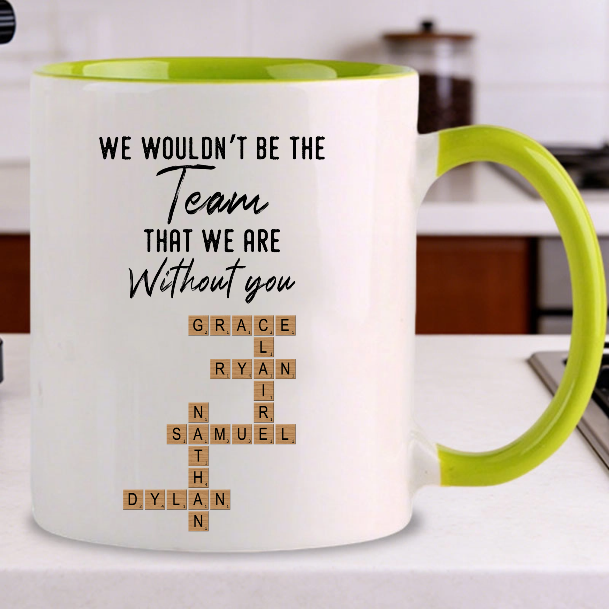 Team Member Name Scrabble Personalized Mug, Gift for Coworkers, Friends, Perfect for Appreciation, Office Farewell, Project Milestone