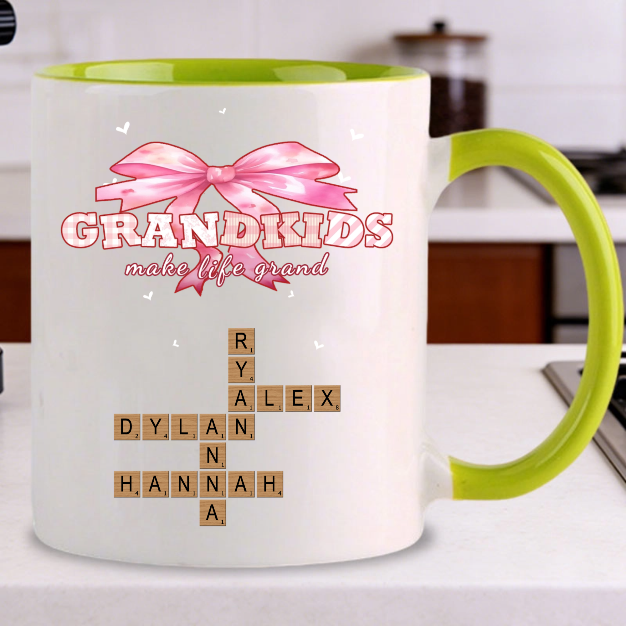 Personalized Grandkids Crossword Mug, Perfect for Grandma, Grandpa, Family Reunions, Holidays