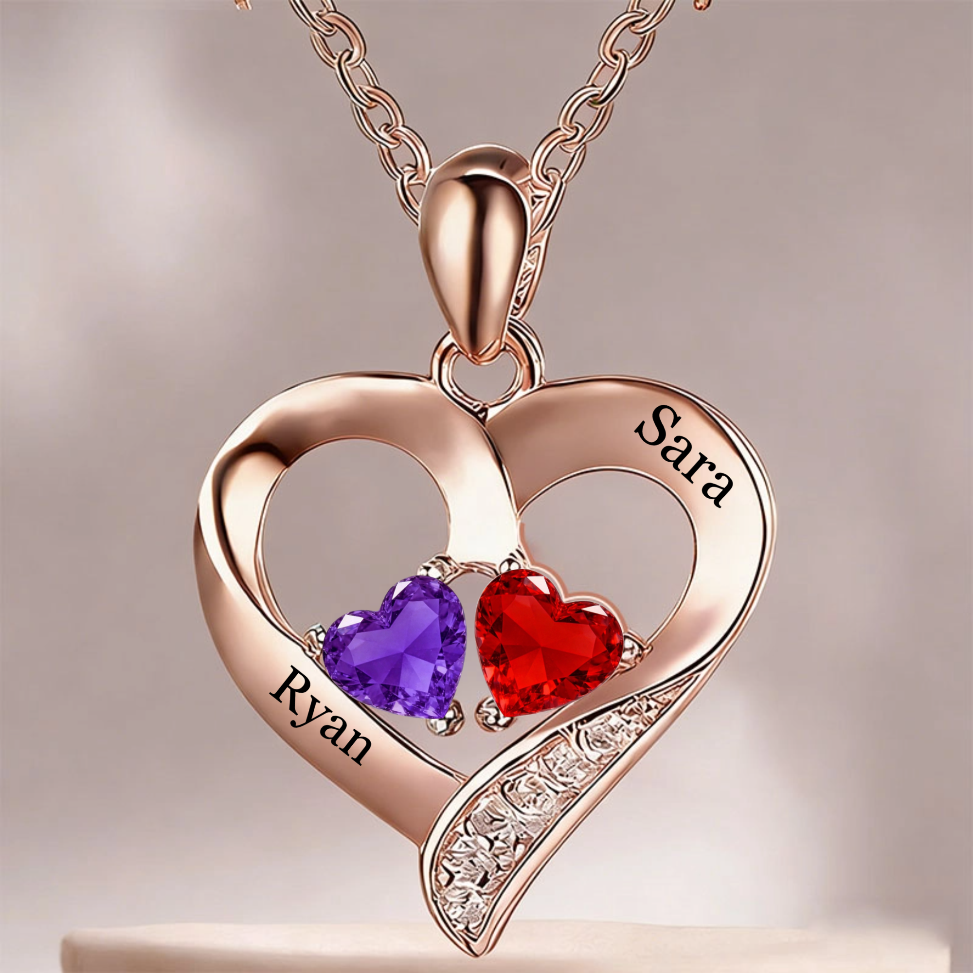 Heart-Shaped Birthstones Necklace, Couple’s Gift for Anniversary, Valentine’s Day, Wedding Celebration