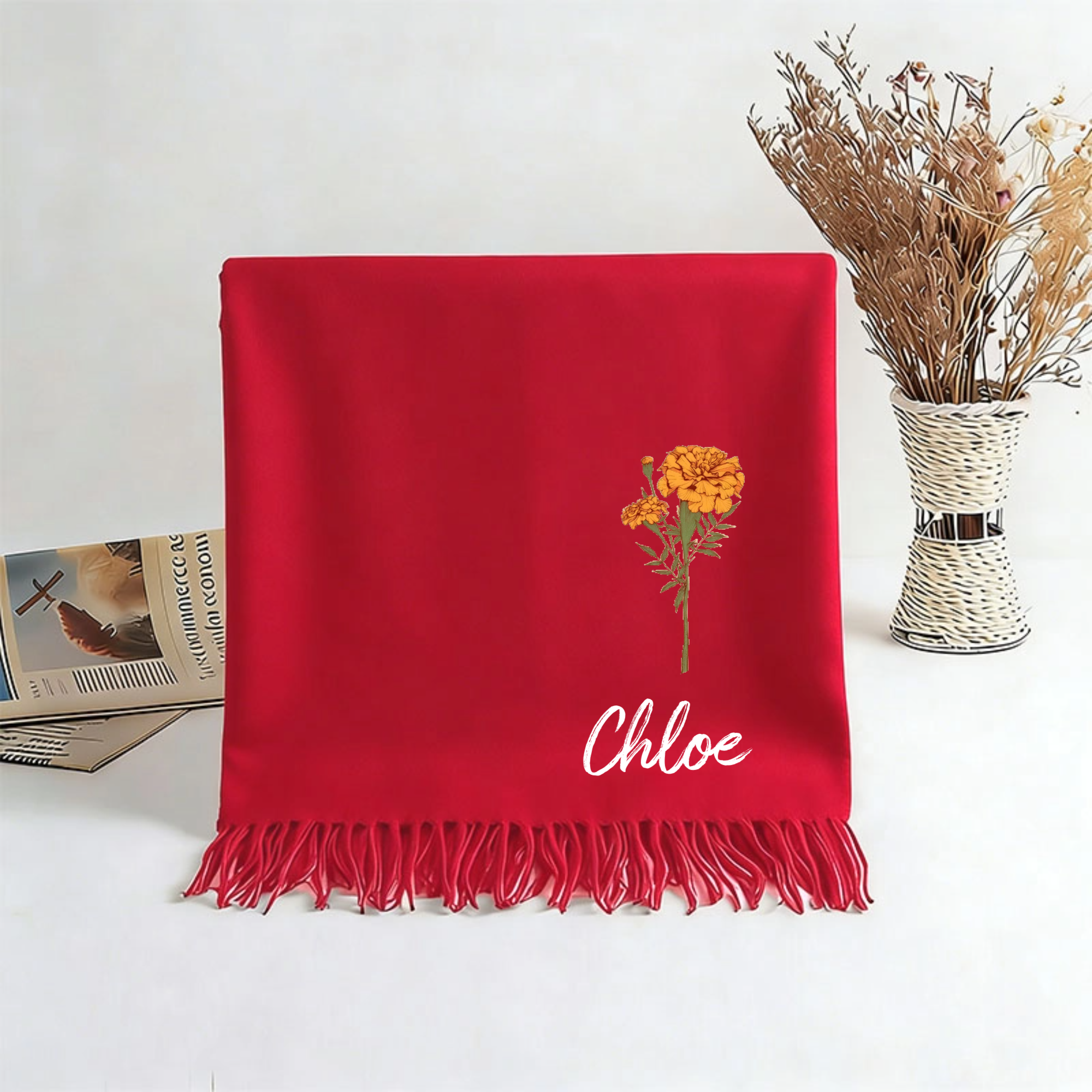 Personalized Birth Flower Soft Warm Tassel Scarf, Birthday Gift for Women Men, Perfect for Holidays, Special Occasions