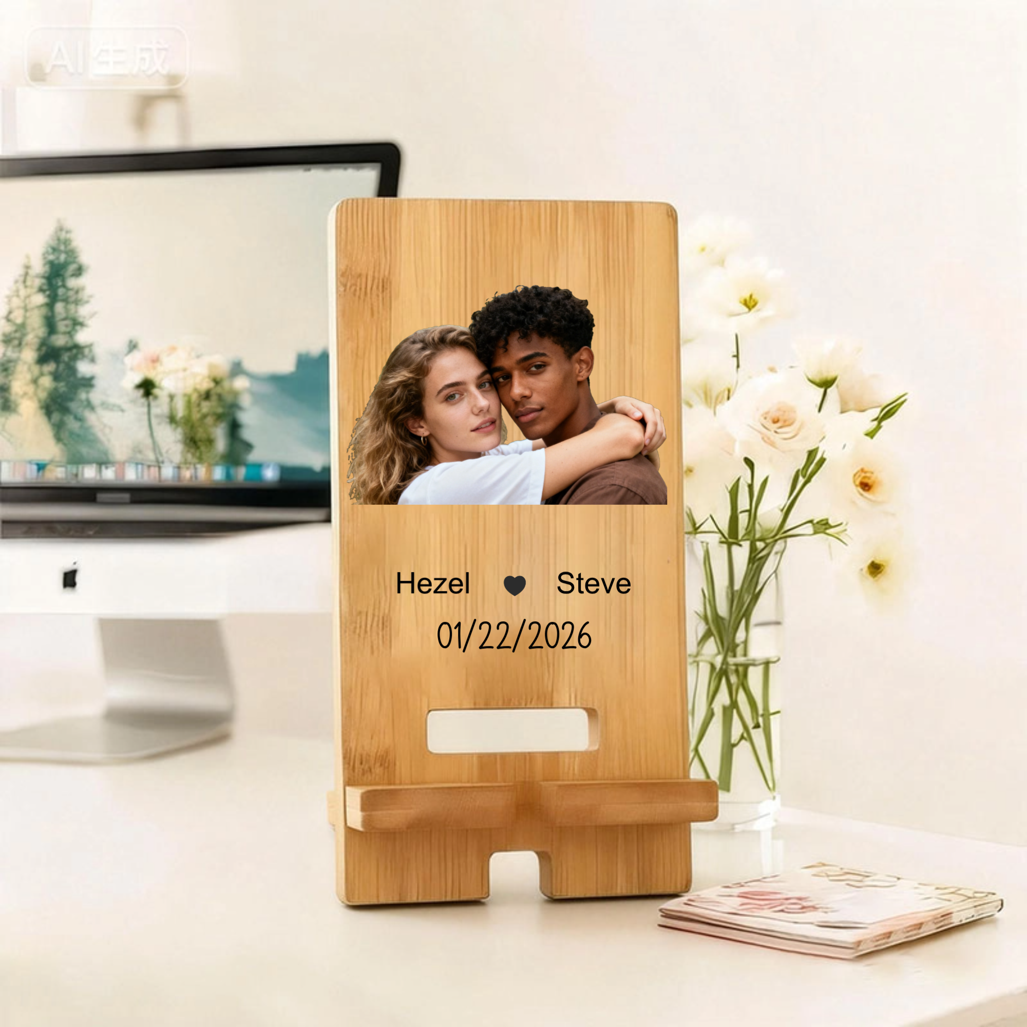 Custom Couple bamboo Phone Stand, Perfect for Anniversaries, Valentine’s Day, Weddings, Birthdays