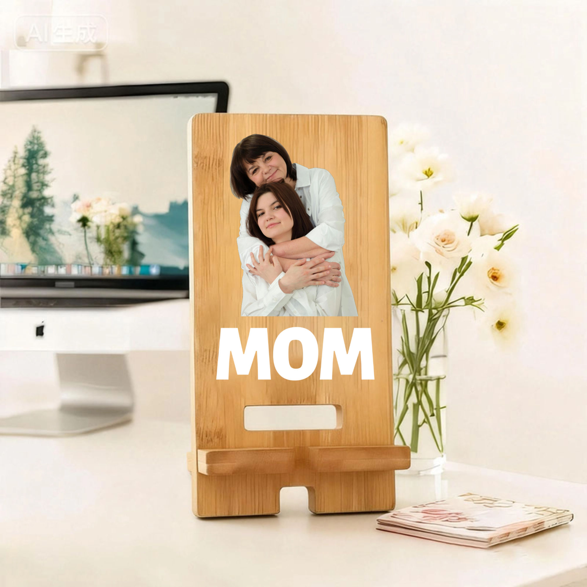 Bamboo Personalized Phone Stand, Mother, Father, Children, Perfect for Birthdays, Mother's Day, Father's Day