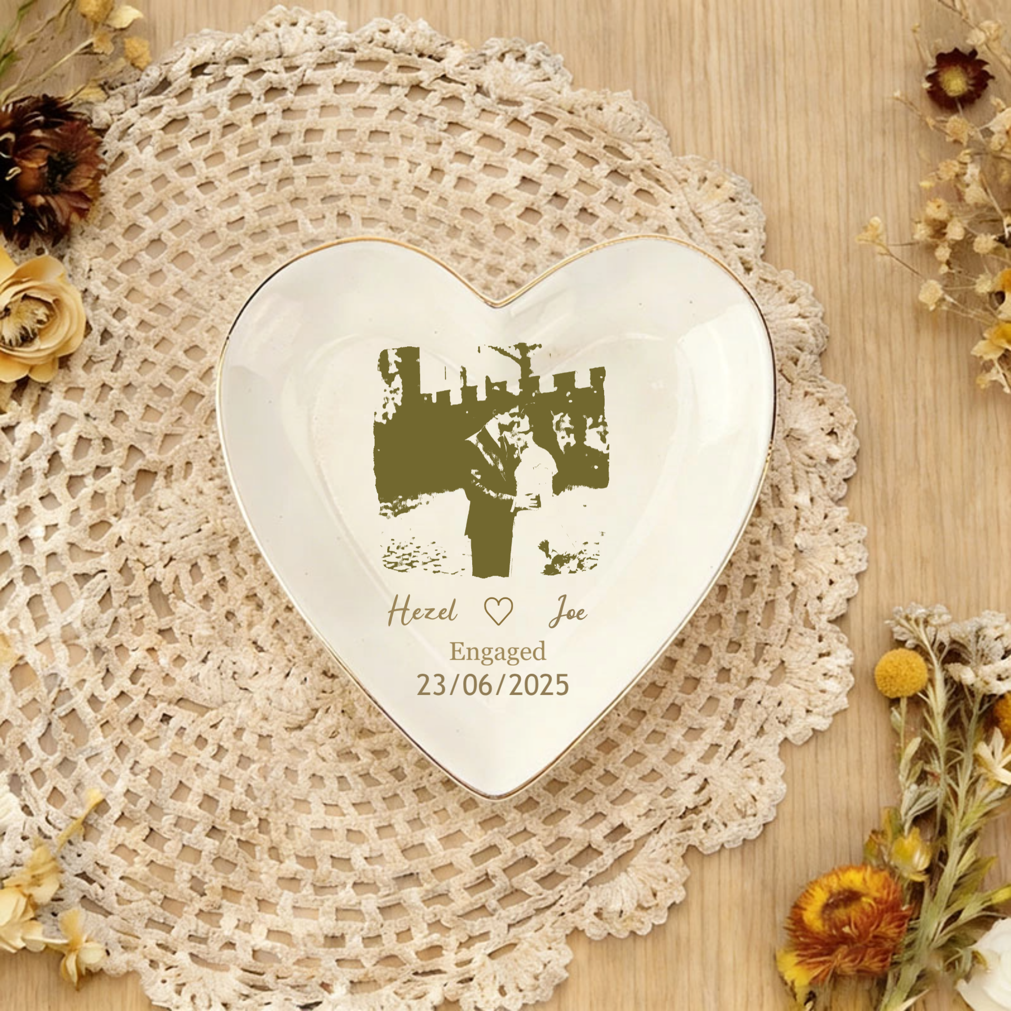 Personalized Photo Decorative Tray, White Porcelain Gift, Perfect for Engagements, Weddings, Anniversary Celebrations