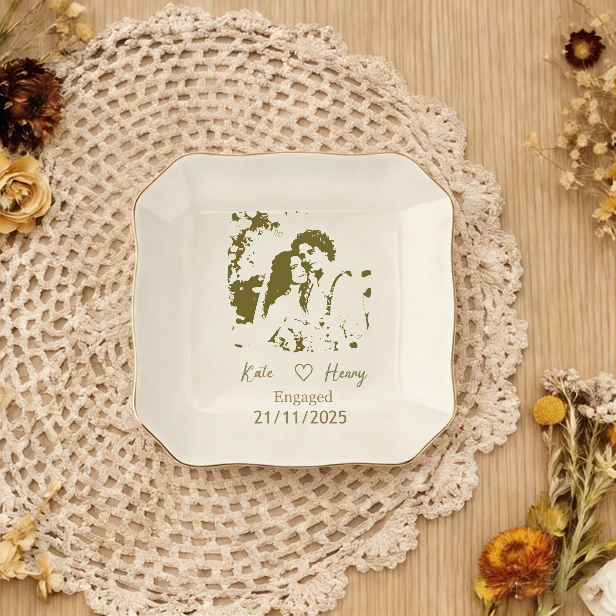 Personalized Photo Decorative Tray, White Porcelain Gift, Perfect for Engagements, Weddings, Anniversary Celebrations