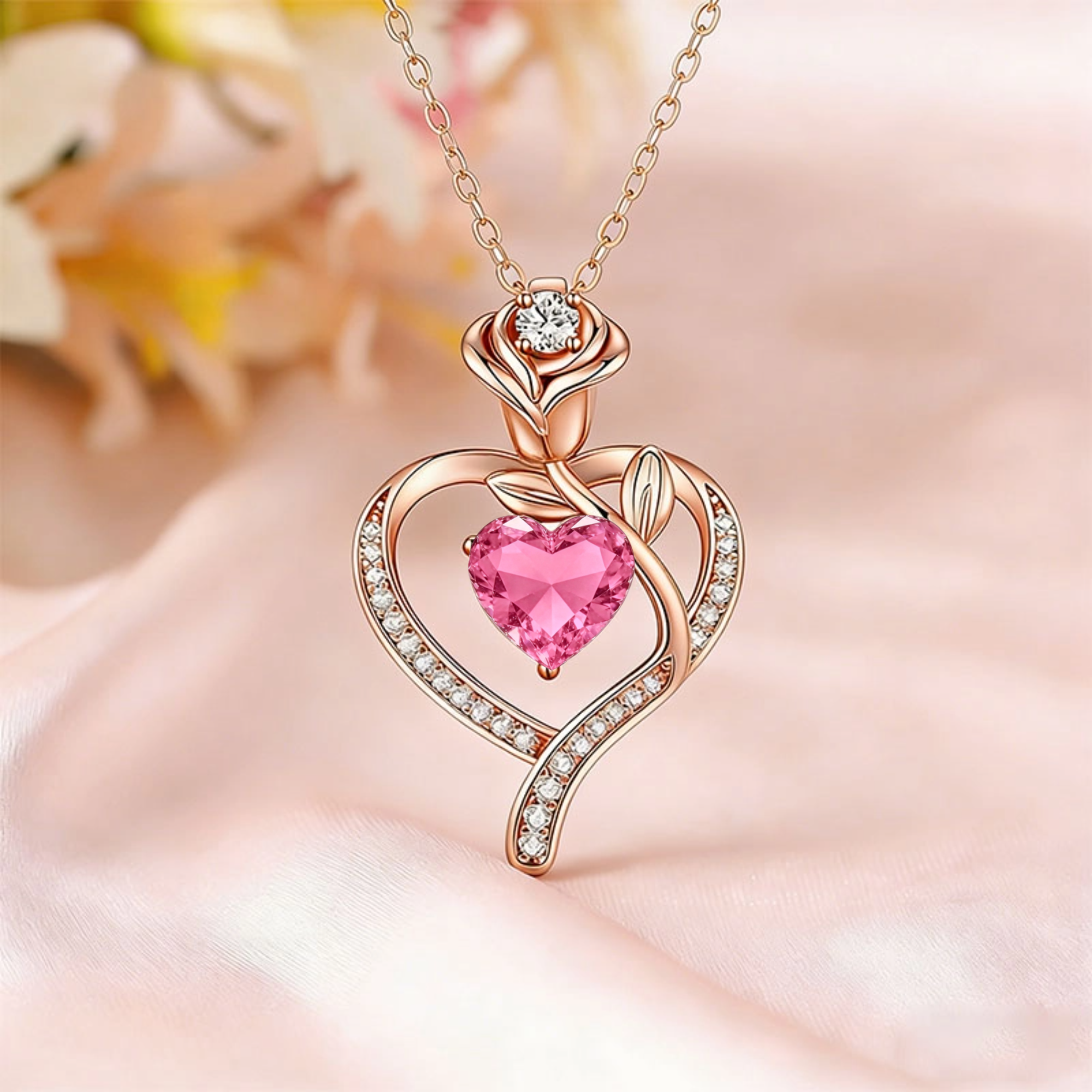 Heart and Rose Personalized Birthstone Necklace, Romantic Gift for Her, Perfect for Birthdays, Valentine’s Day, Anniversaries