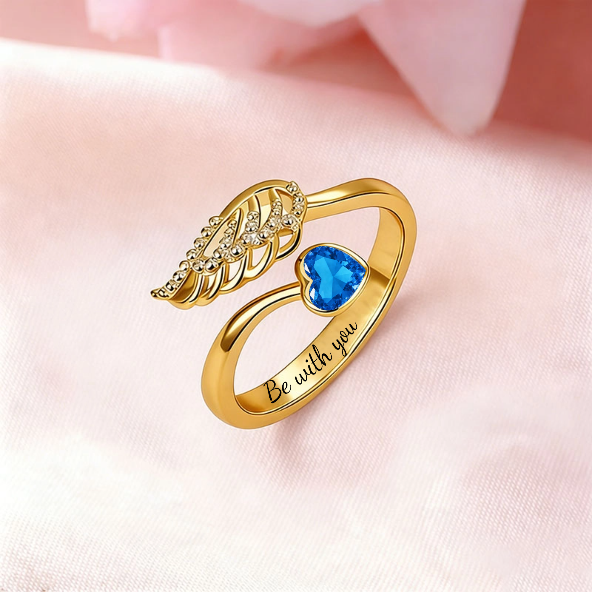 Angel Wing & Heart Personalized Birthstone Ring, Adjustable Open Band, Gift for Her, Perfect for Birthdays, Anniversaries, Valentine’s Day