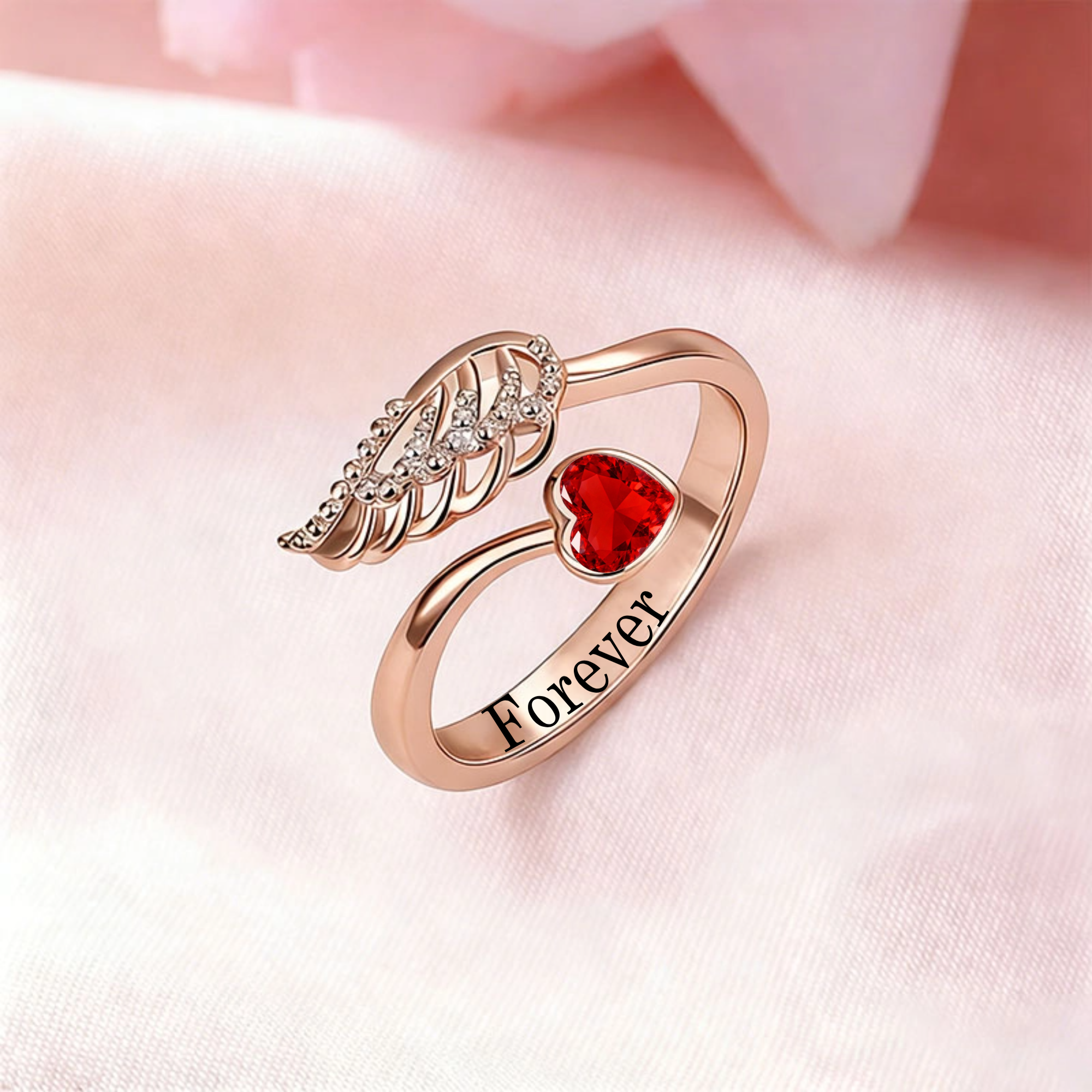 Angel Wing & Heart Personalized Birthstone Ring, Adjustable Open Band, Gift for Her, Perfect for Birthdays, Anniversaries, Valentine’s Day
