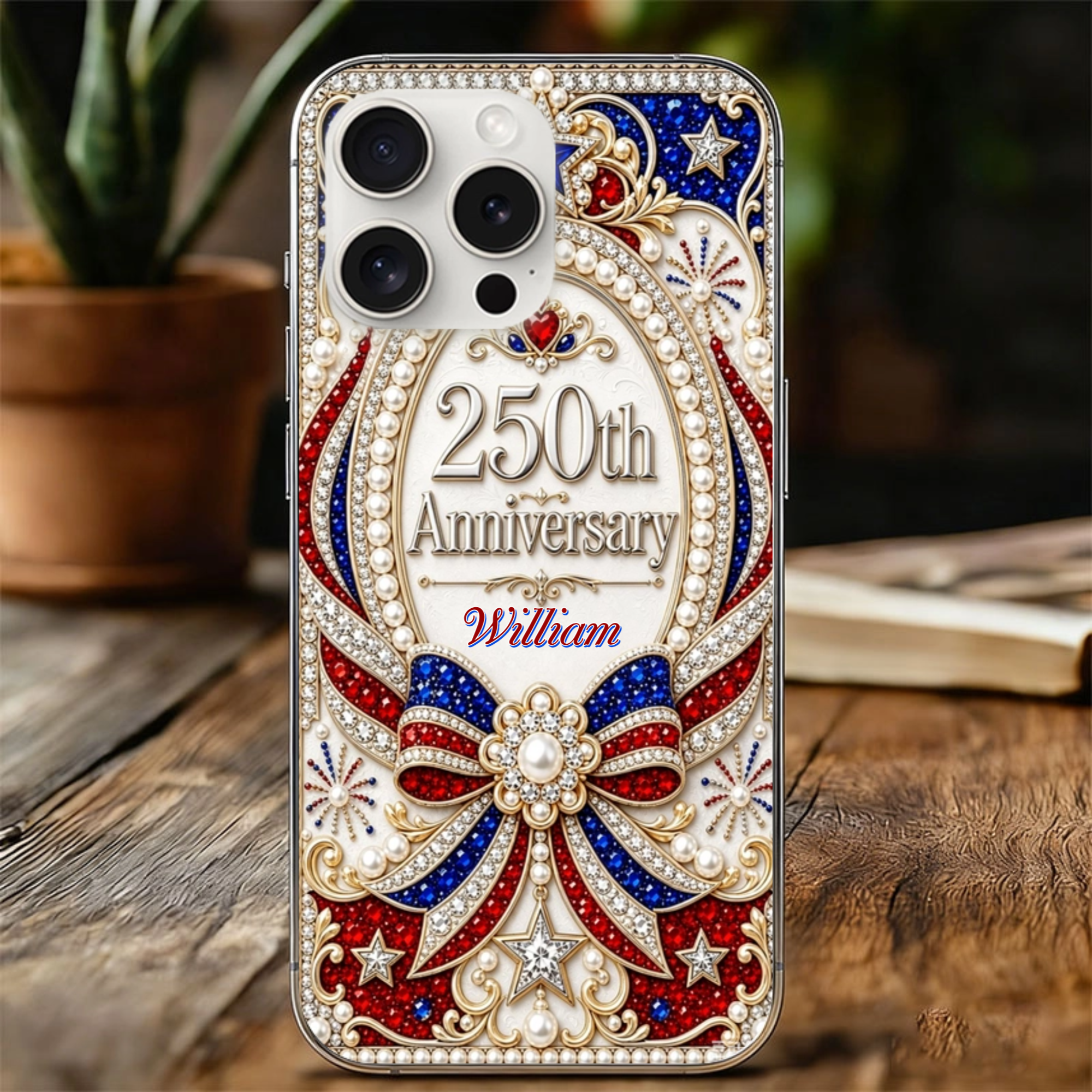 Personalized 250th Anniversary Faux 3D Diamond Print Design, Custom Name Phone Case, Perfect Gift For Patriotic People