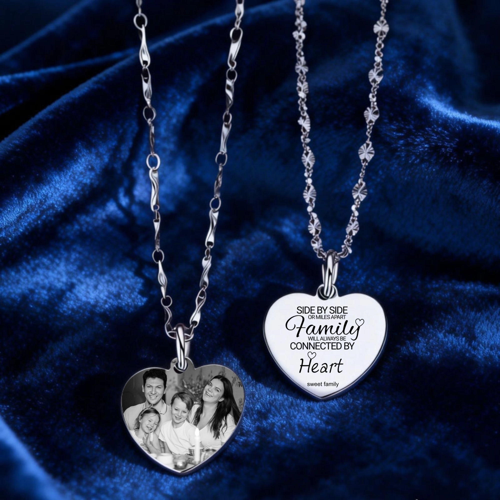 Personalized 999 sterling silver heart-shaped necklace, customized with family photos, a perfect gift for family reunions, anniversaries, and Christmas.