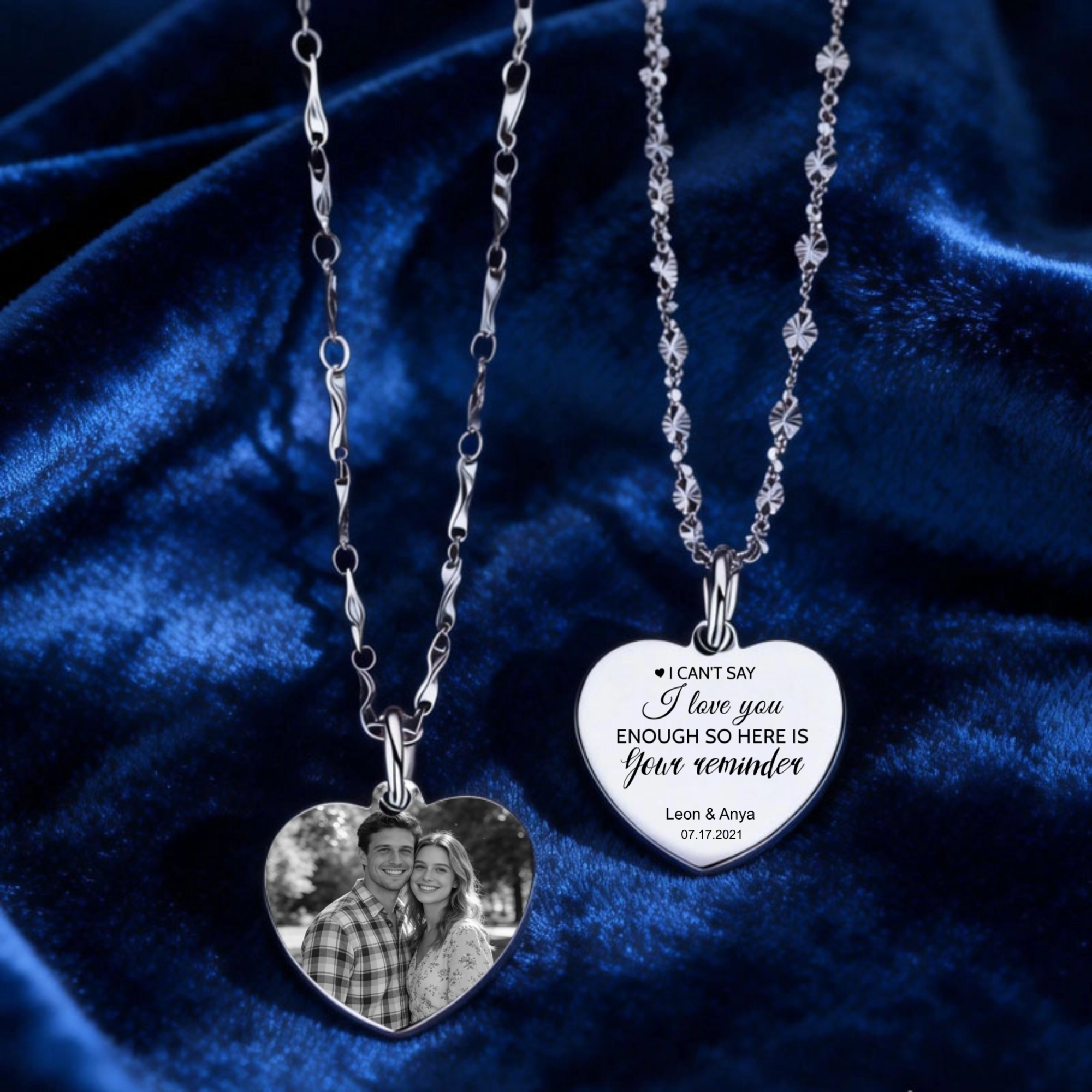 999 Sterling Silver Heart Pendant Necklace, Personalized double-sided custom photos and text, Adjustable Chains, Gift for Her, Anniversary, Birthday, Valentine's Day