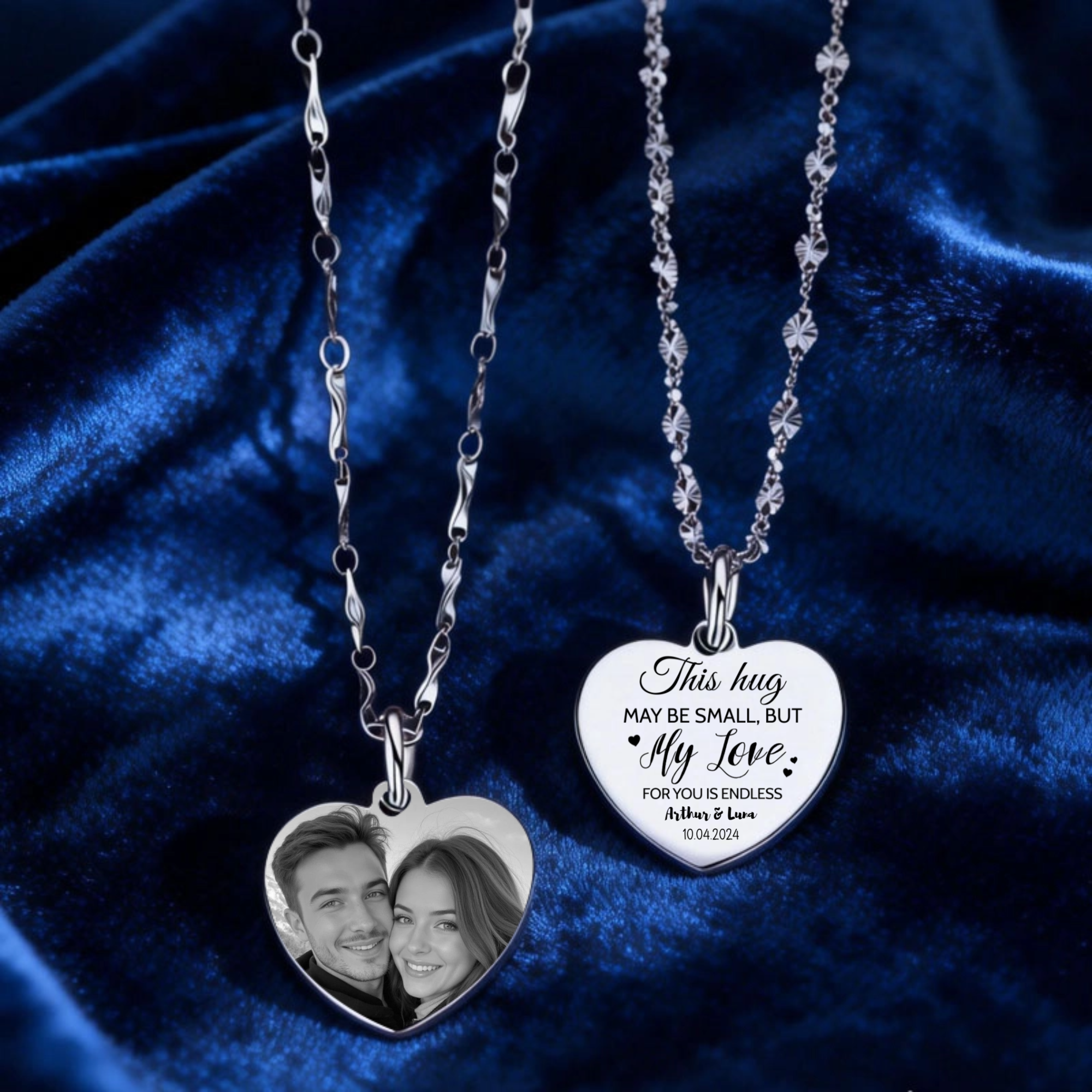 999 Sterling Silver Heart Pendant Necklace, Personalized double-sided custom photos and text, Adjustable Chains, Gift for Her, Anniversary, Birthday, Valentine's Day