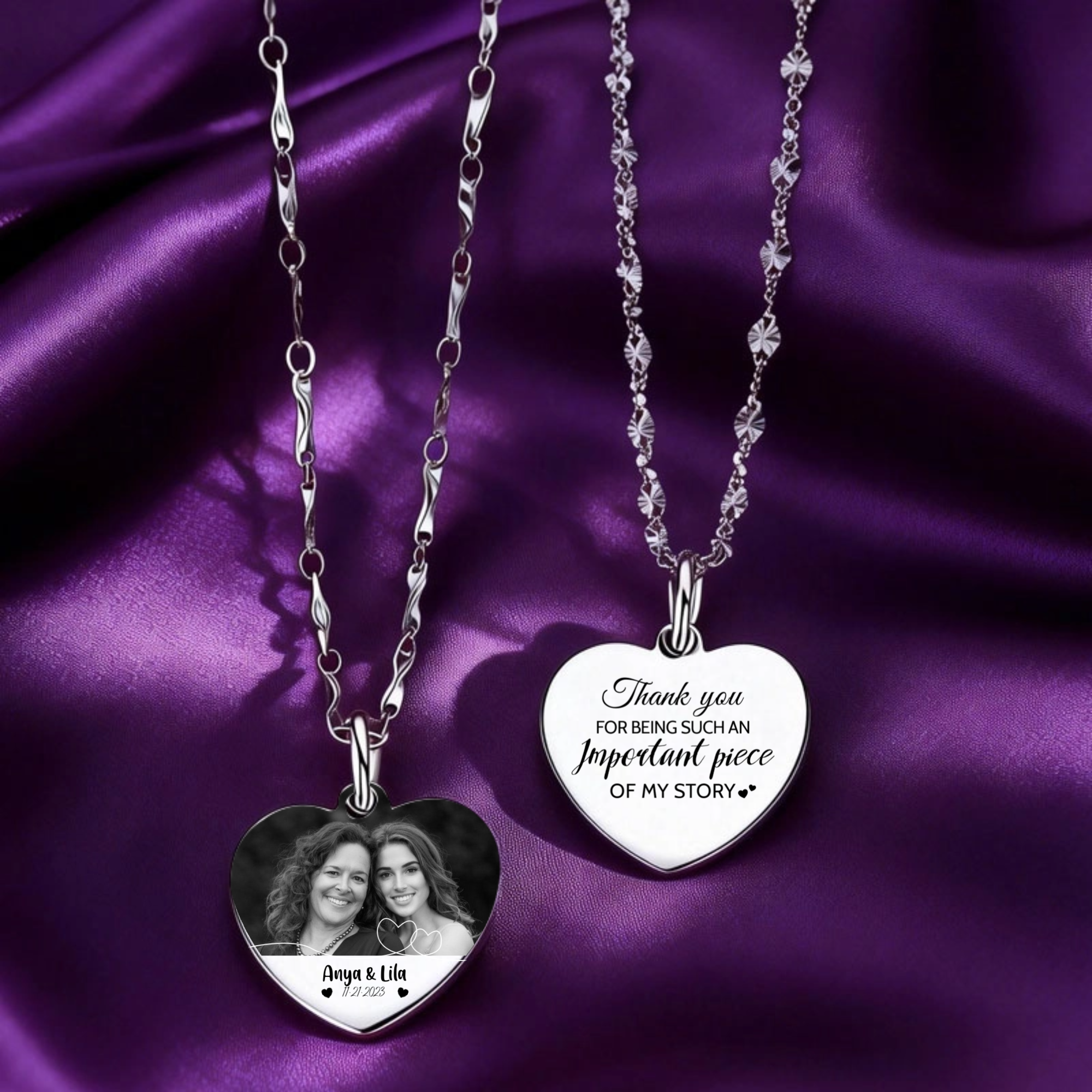 Personalized 999 sterling silver heart-shaped pendant necklace, customizable with family photos and text, making it the perfect gift for family members, Mother's Day, anniversaries, and Christmas.