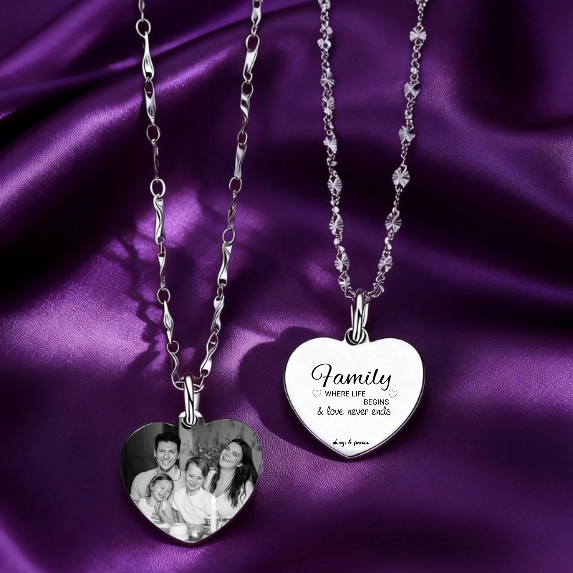 Family Heart Photo Pure Silver Engraved Necklace, Gift for Family, Mother, Parents, Perfect for Family Reunion, Anniversary, Christmas
