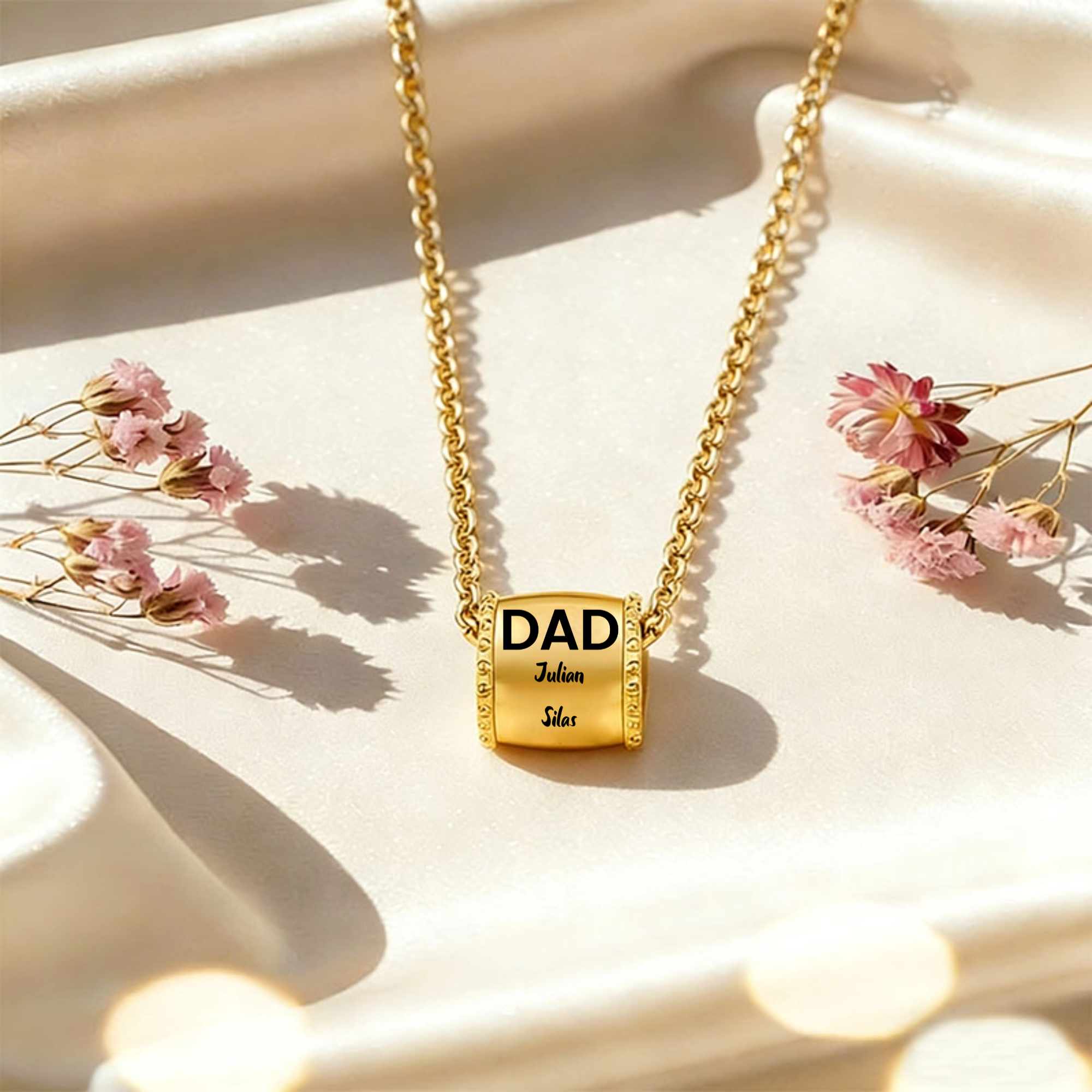 Personalized Engraved Bead Necklace with "DAD" & Kids' Names, Custom Name Pendant for Dad, Father‘s Day Gift for Men