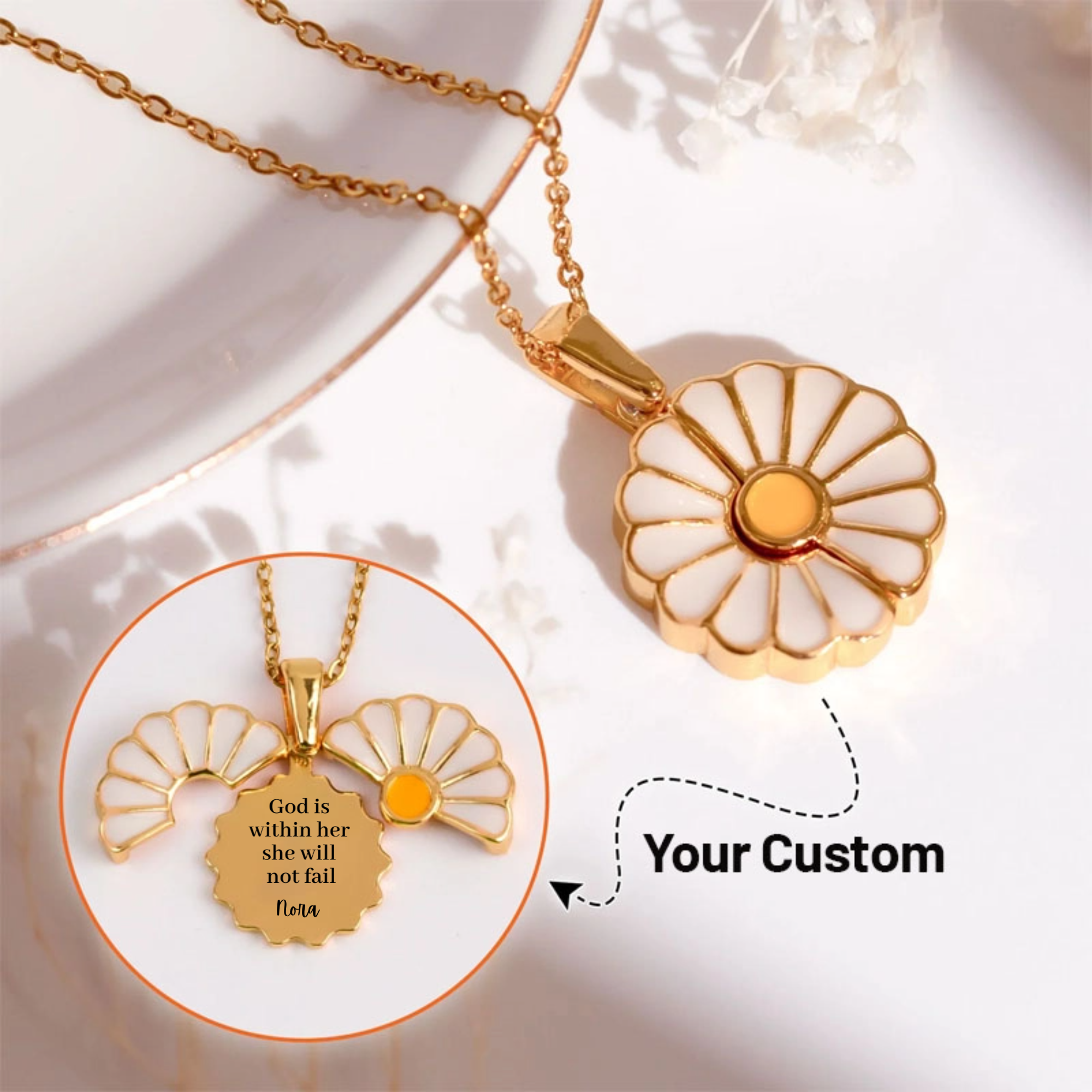 Personalized Custom Daisy Sunflower Stainless Steel Necklace, Gold/Silver Color, Inspirational Quote & Name Engraving, Gift for Women, Best Friend, Mom, Birthday/Anniversary