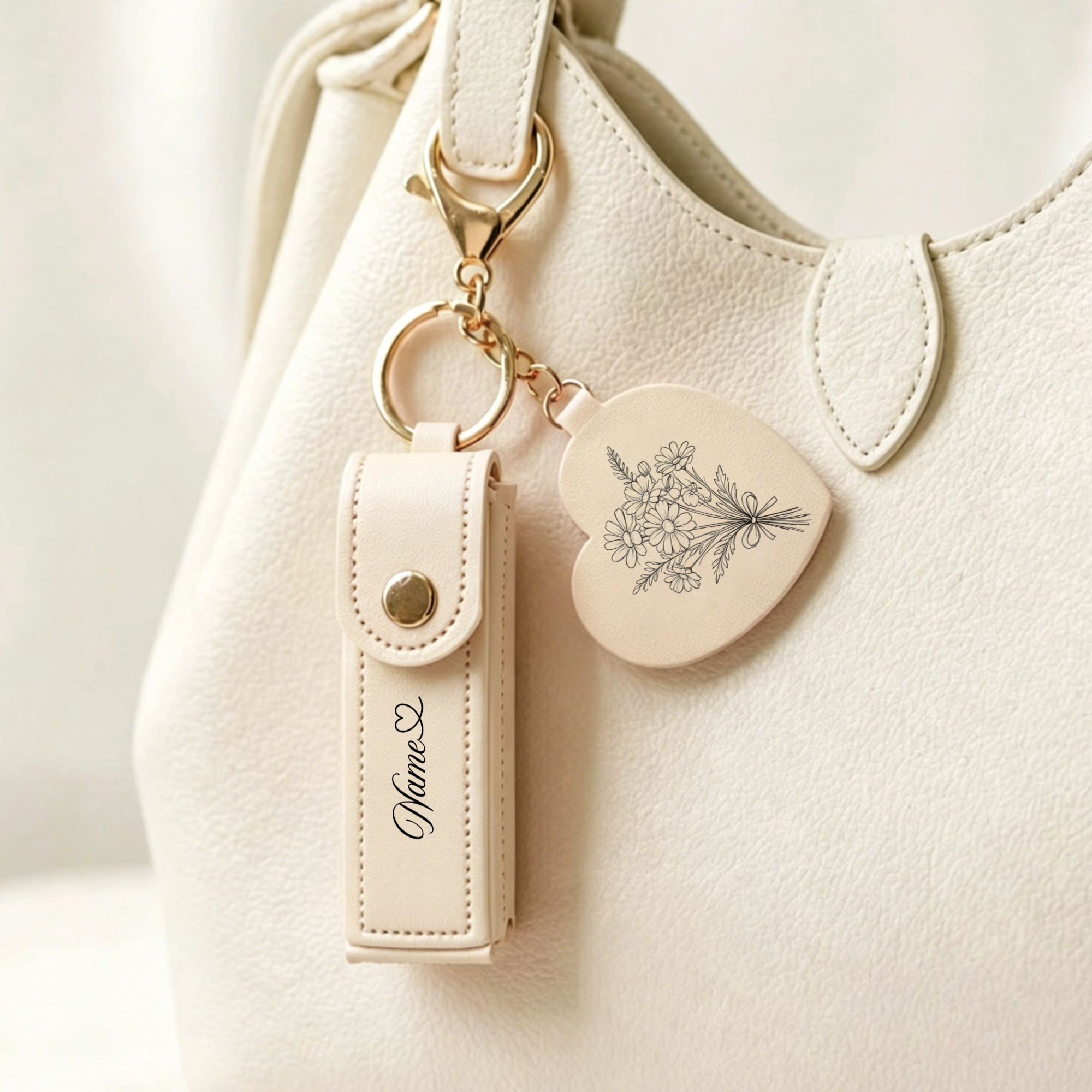 Personalized Flower & Name Lip Balm Keychain, Custom Engraved Lipstick Holder, the Perfect Gift for Her