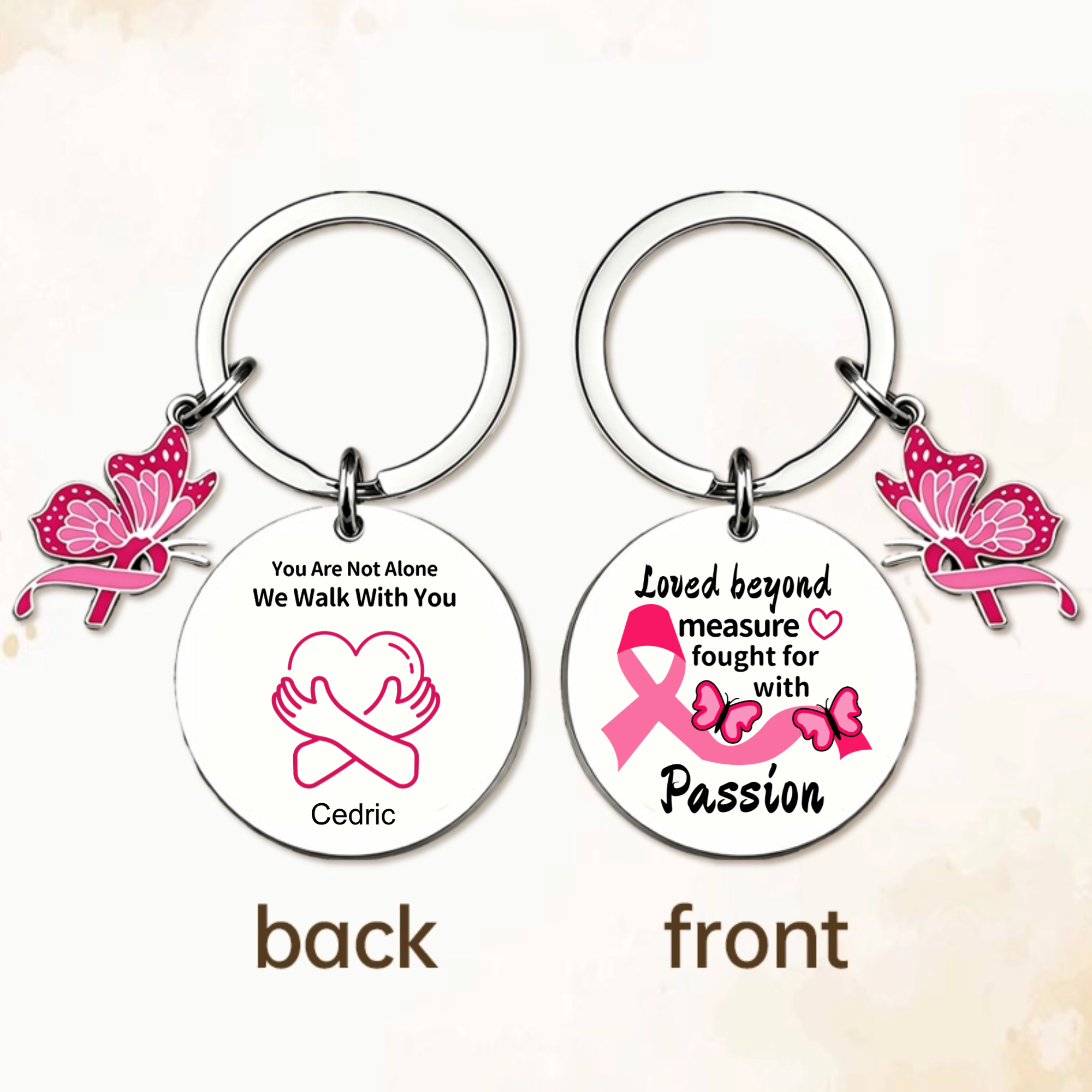 Butterfly Pink Ribbon Keychain, Personalized Inspirational Quote Custom Name Memorial Gift for Breast Cancer Survivors Fighters Friends Family