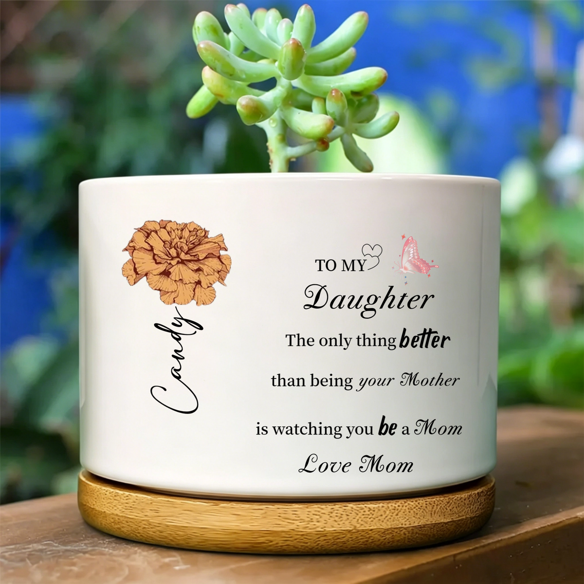 Personalized Succulent Pot with Birth Flower, Custom Name & Text, Ceramic Planter with Bamboo Tray, Gift for Daughter, Mom, Grandma, Mother's Day, Birthday
