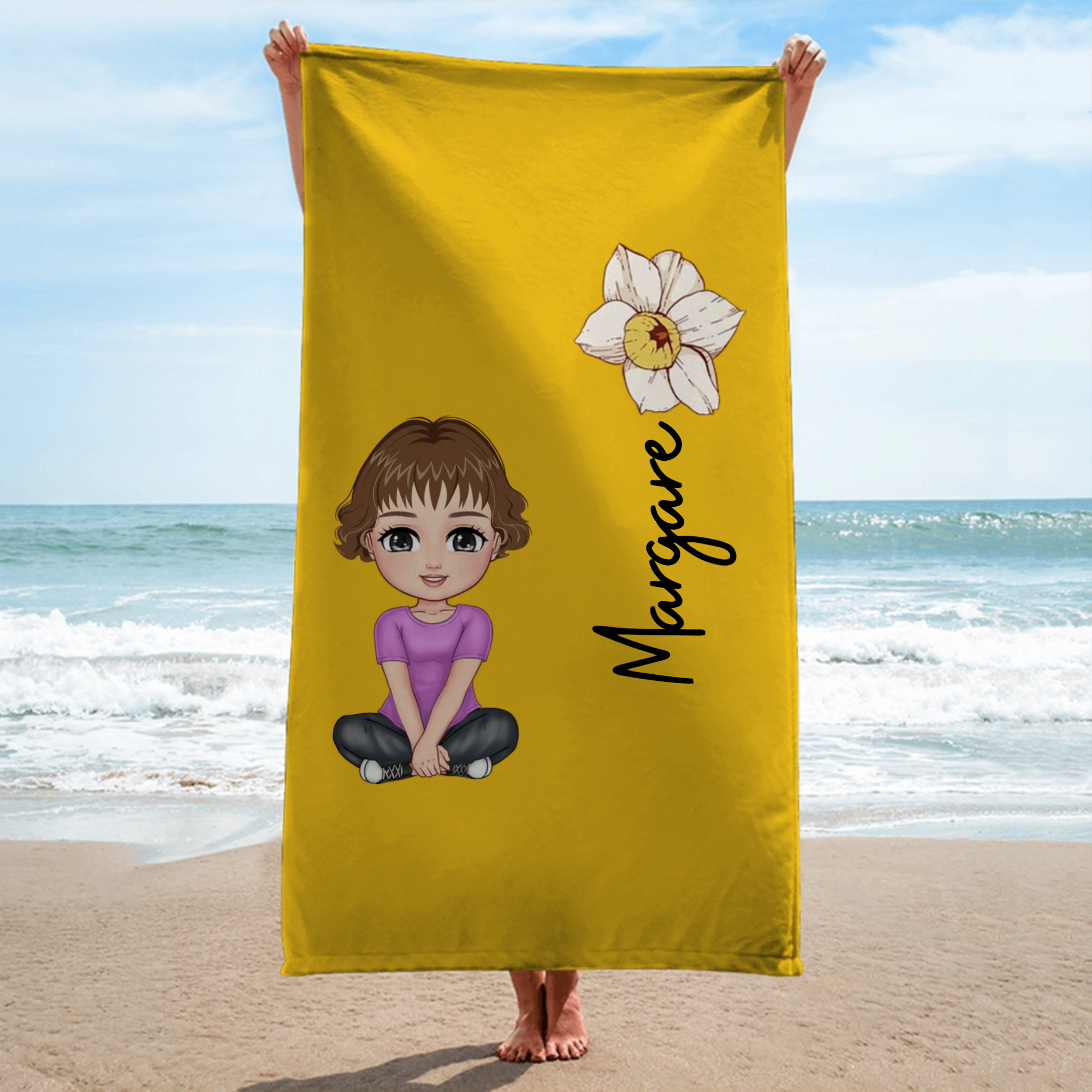 Personalized Cartoon Girl with Colorful Birthday Flowers — Soft, Quick-Drying Beach Towel; Customizable with a Name; Ideal for Beach Vacations, Pool Parties, and Birthday Gifts.