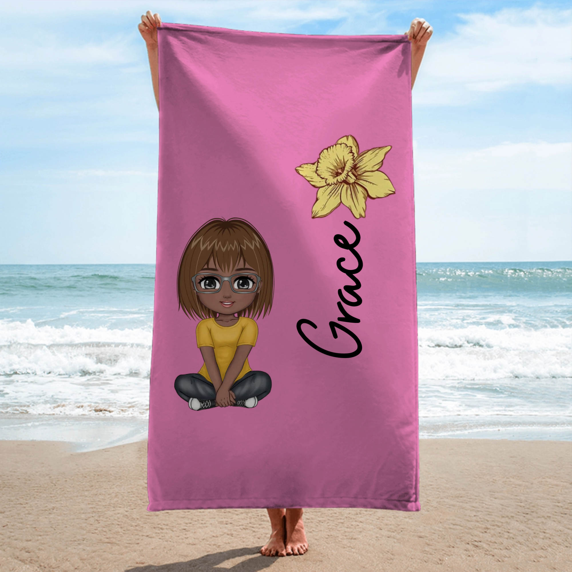 Personalized Cartoon Girl with Colorful Birthday Flowers — Soft, Quick-Drying Beach Towel; Customizable with a Name; Ideal for Beach Vacations, Pool Parties, and Birthday Gifts.