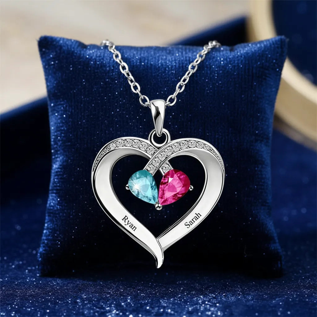 Sterling Silver Custom Birthstone & Names Personalized Necklace, Hypoallergenic, Unique Gift for Loved Ones, Valentine’s Day Gift