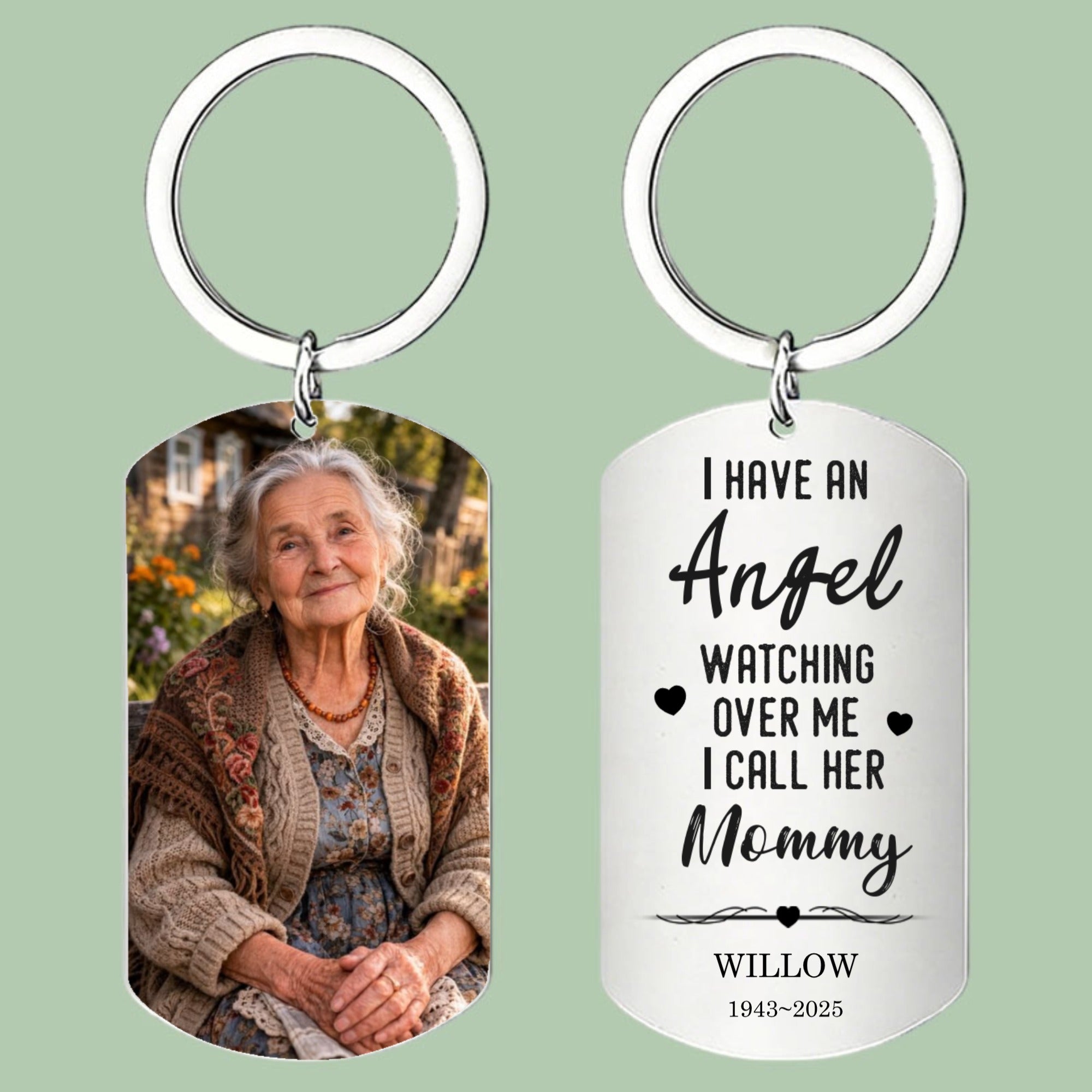 Personalized Stainless Steel Military Tag Keychain With Customized Photo And Text "Your Love Will Live On In My Heart"—A Commemorative Gift, A Keepsake For Family.