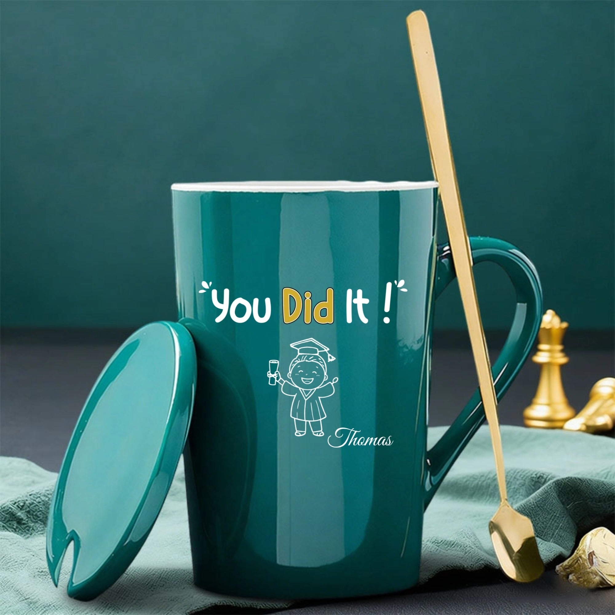 You Did It Vintage Look Coffee Mug with Lid and Spoon, Personalized Name Style - Everyday Congrats Gift