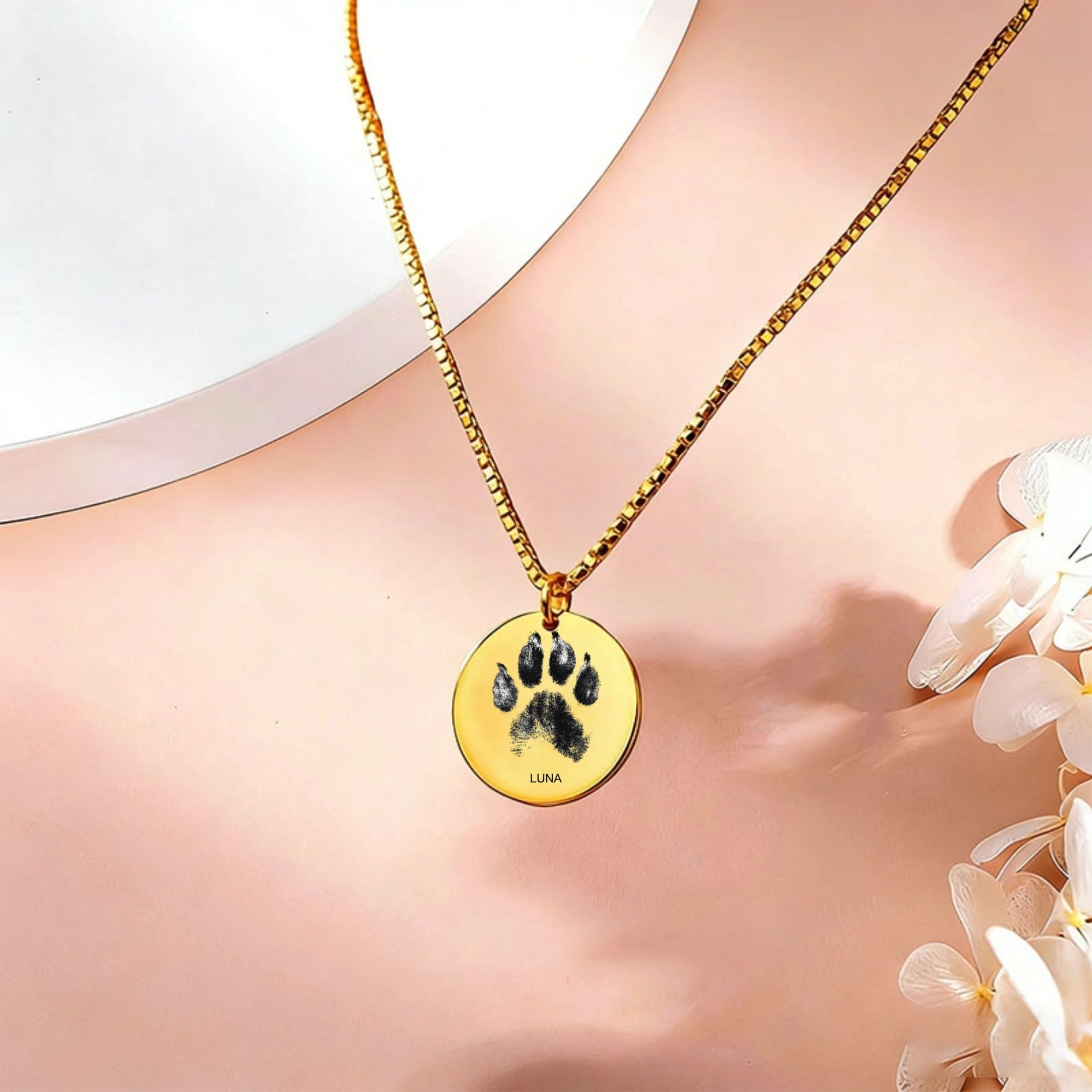 Custom Pet Paw Print Necklace Personalized Animal Paw & Name Disc Pendant Dog Cat Lover Gift