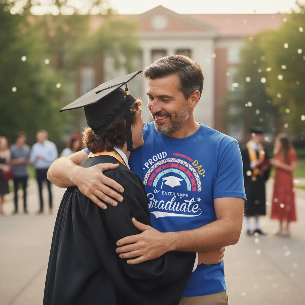 Personalized "Proud Dad Of The Graduate" T-Shirt, Customizable Name Graduation Commemorative Tee, The Perfect Gift For The Graduate’s Family