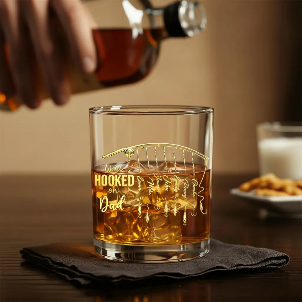 Personalized Whisky Glass Engraved With A Child's Name And Featuring A Fishing Rod Design, Making It A Unique Gift For Dad Or Grandpa On Father's Day Or A Birthday