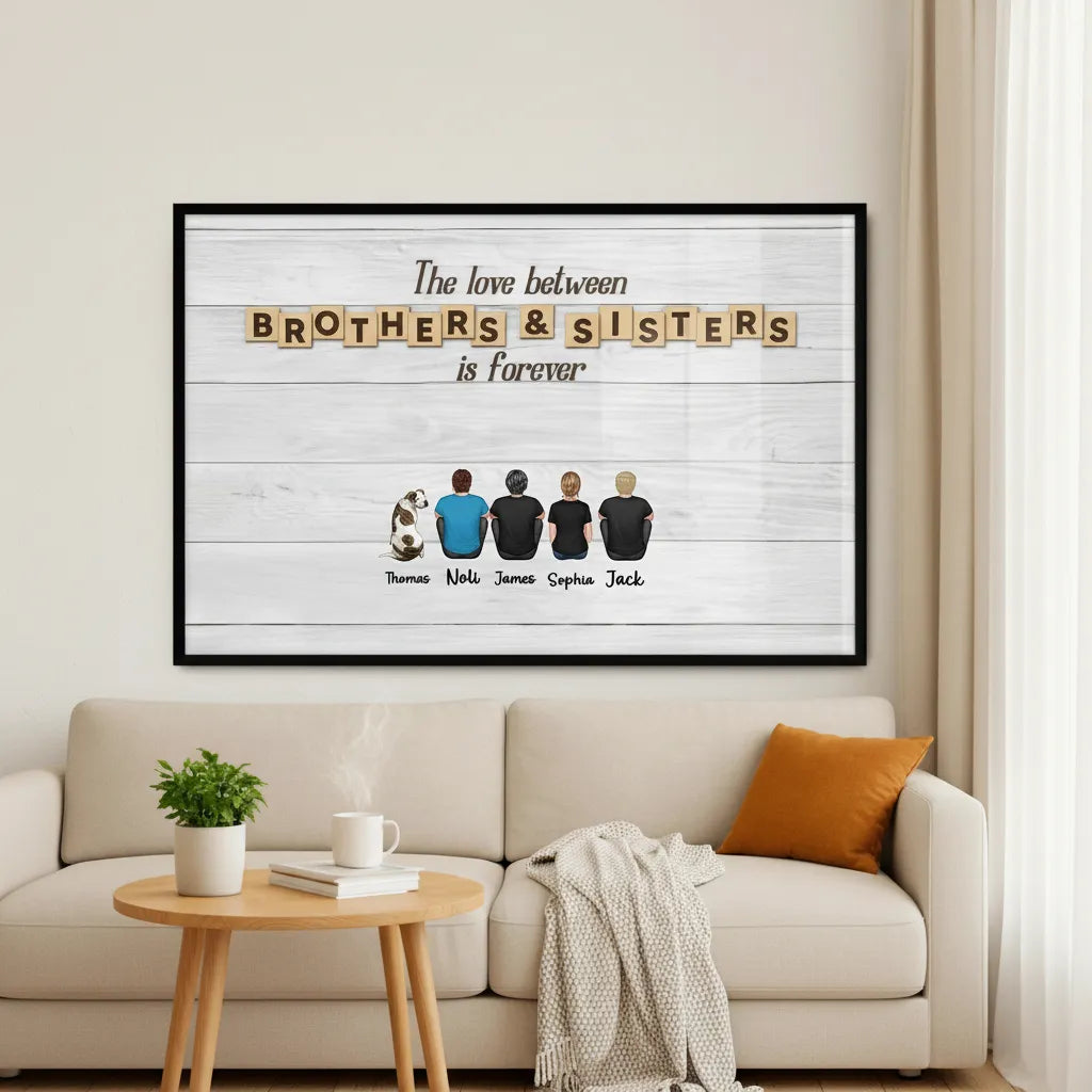 Personalized Siblings Poster with Frame, Custom Back-View Illustration Wall Art, Nostalgic Unique Gift for Sister or Brother