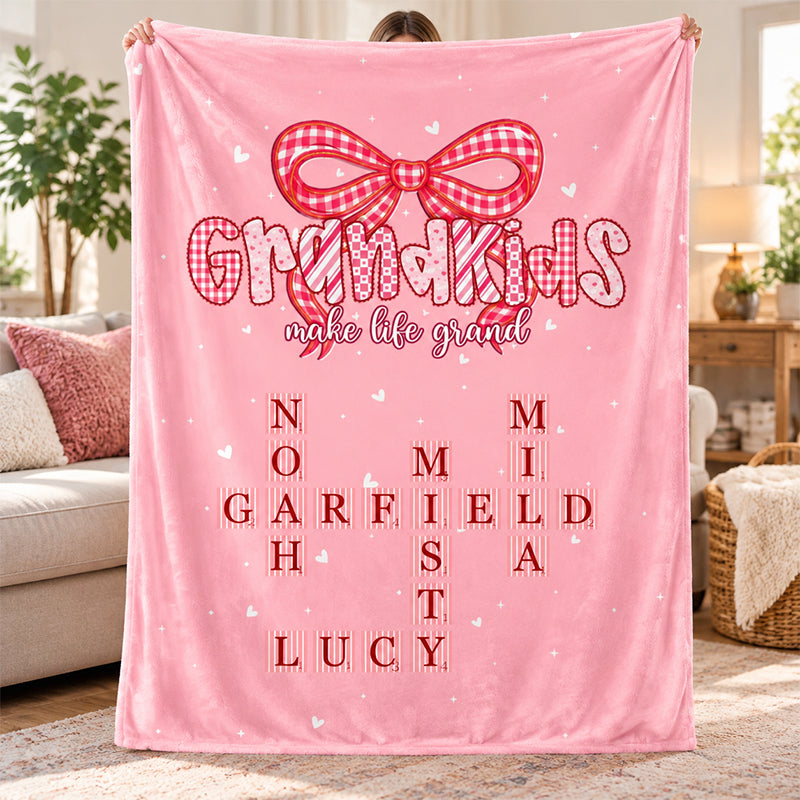 Grandkids Make Life Grand Preppy Valentine Pattern Crossword Puzzle Art - Personalized Fleece Blanket - Valentine's Day Gift For Grandma