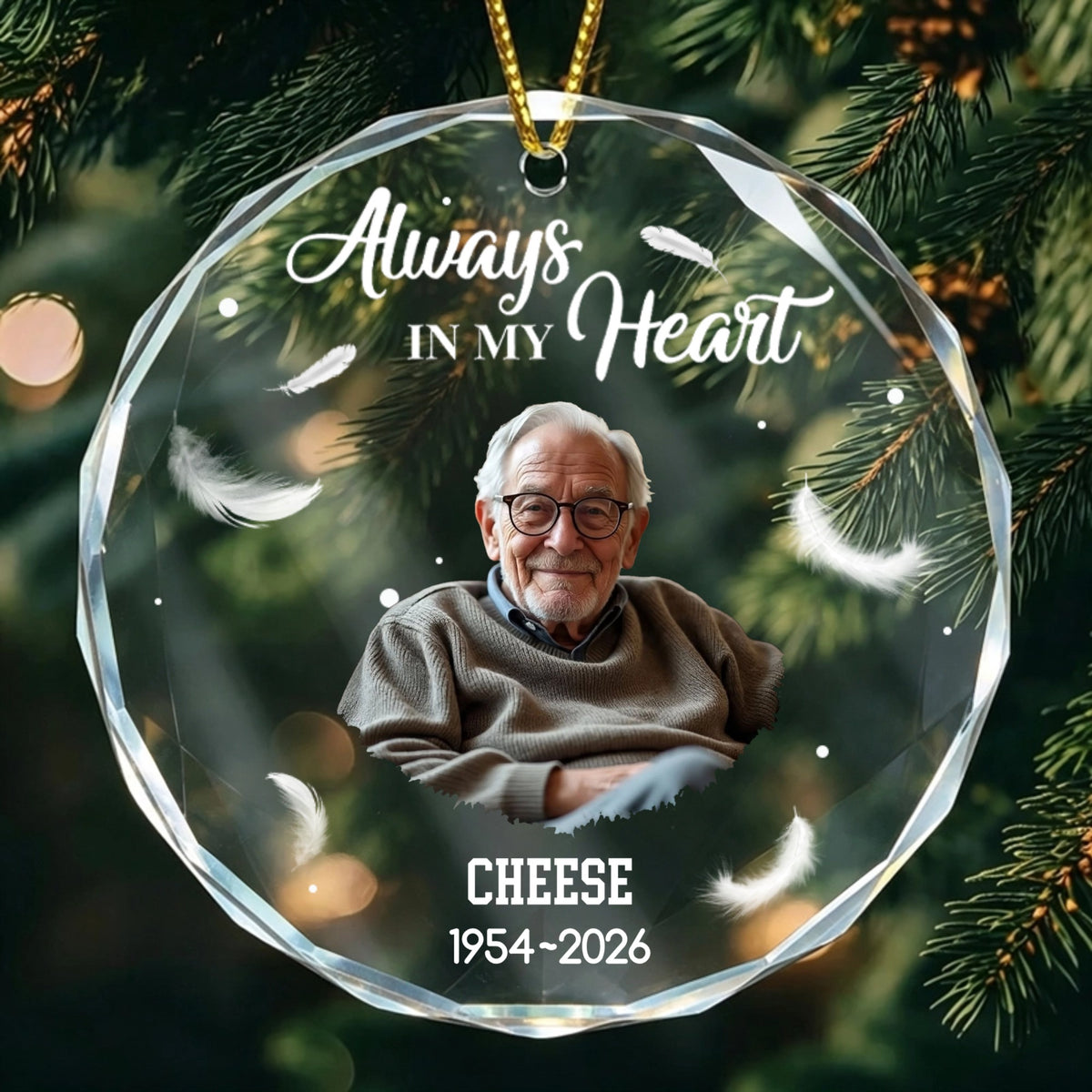 "Always In My Heart" - Personalized Round Glass Ornament, Custom Photo Memorial Keepsake for Family, Christmas Remembrance Gift