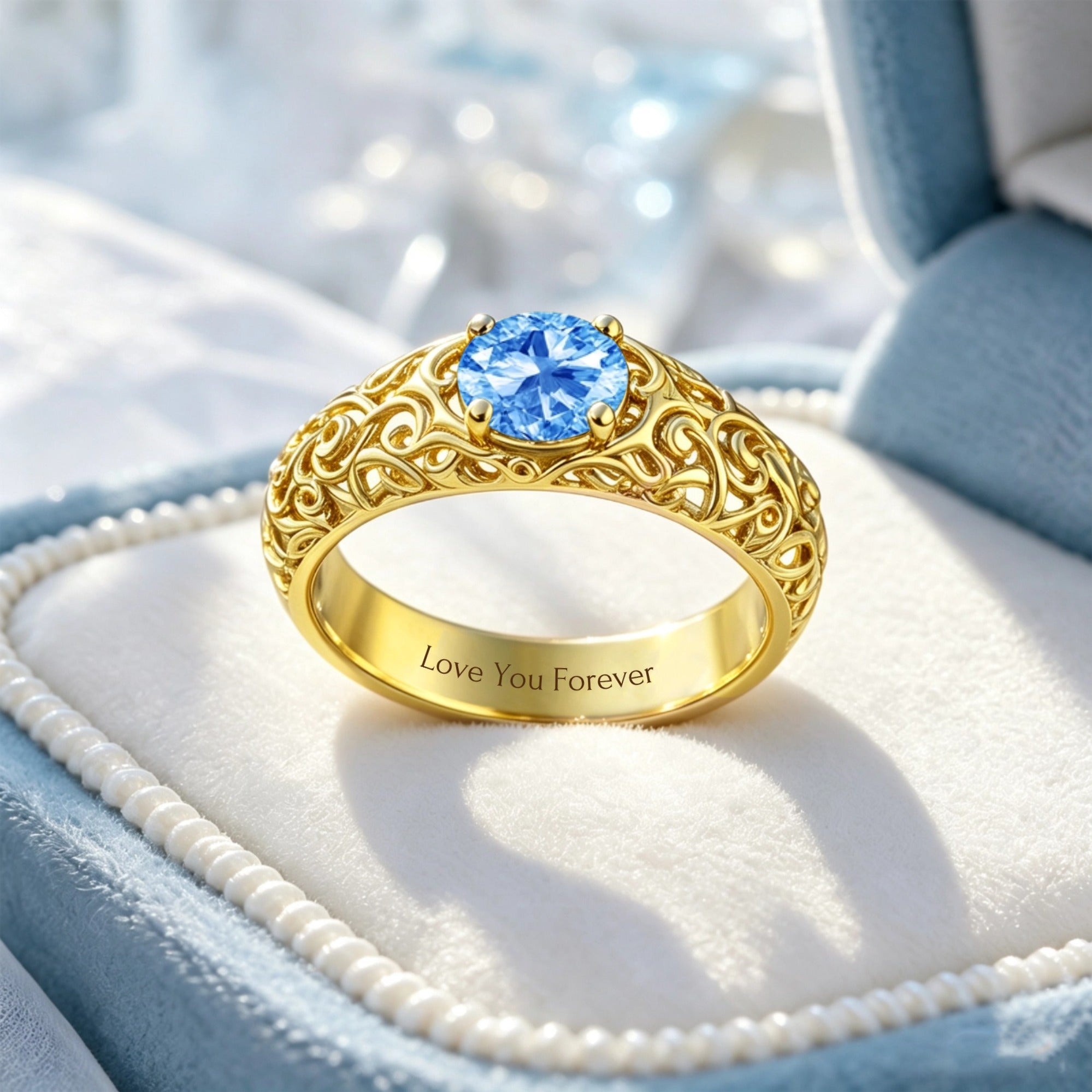 Personalized Engraved Vintage Filigree Birthstone Ring, Custom Engraving Text & Birthstone Selection By Birthday, Exquisite Gift For Lovers, Mothers And Grandmothers