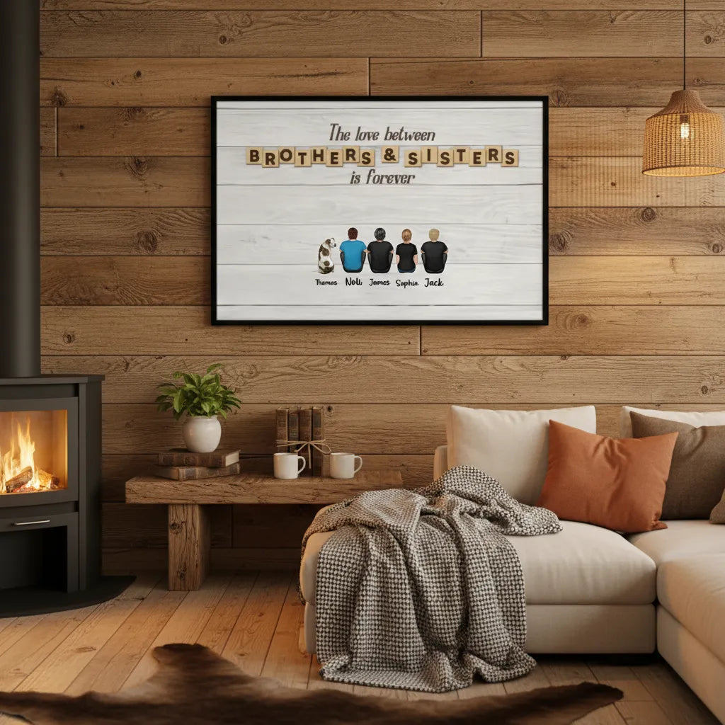 Personalized Siblings Poster with Frame, Custom Back-View Illustration Wall Art, Nostalgic Unique Gift for Sister or Brother