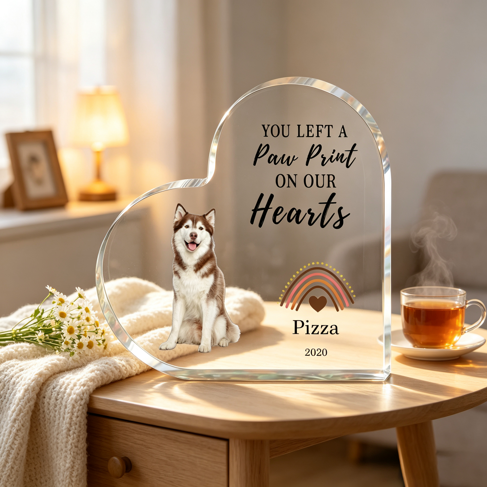 Personalized Custom Acrylic Heart-shaped Desk Ornament, Pet Memorial Keepsake for Cat & Dog Lovers, Home Tabletop Decoration for Sympathy, Grieving, or Anniversary Gift
