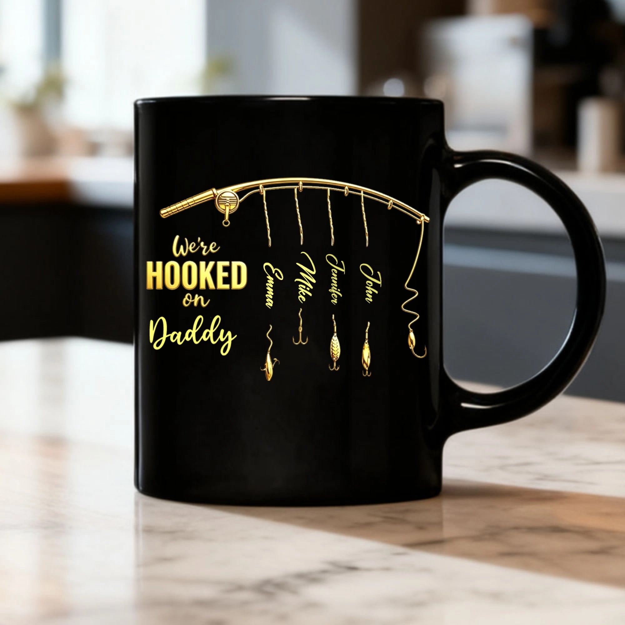 Personalized Custom Children's Name Mugs, Featuring A Fishing Rod Design, Are The Most Special Gifts To Give To Dads Or Grandfathers On Father's Day Or Birthdays