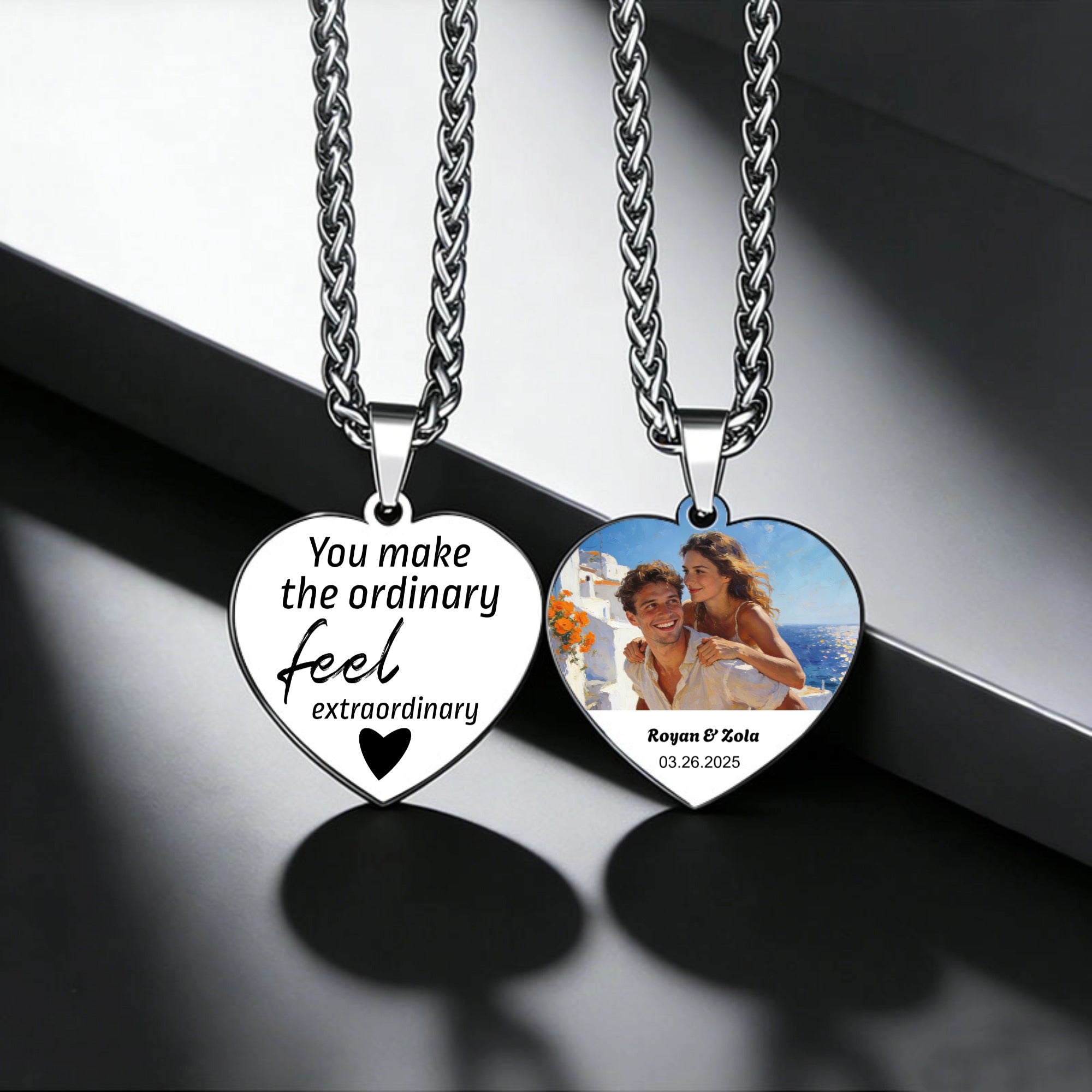 Titanium Steel Heart Pendant Necklace, Personalized Photo & Text Custom Engraving, Romantic Gift for Couples on Anniversary, Valentine‘s Day