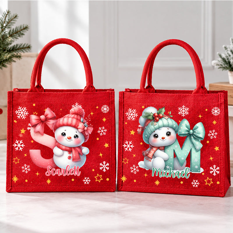Personalized Cute Cartoon Snowman Large Jute Tote Bag with Name and Initial Party Favors Christmas Gift for Kids Family Friends