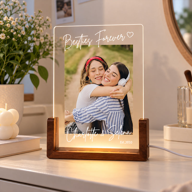 Personalized Photo LED Acrylic Night Light with Name Year and Wooden Base Home Decor Birthday Gift for Sisters, Best Friend