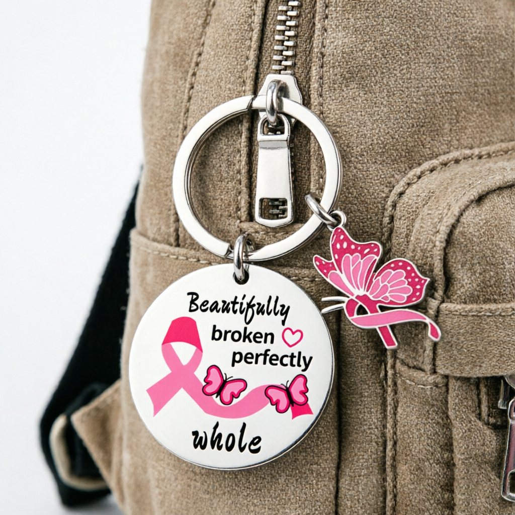 Butterfly Pink Ribbon Keychain, Personalized Inspirational Quote Custom Name Memorial Gift for Breast Cancer Survivors Fighters Friends Family